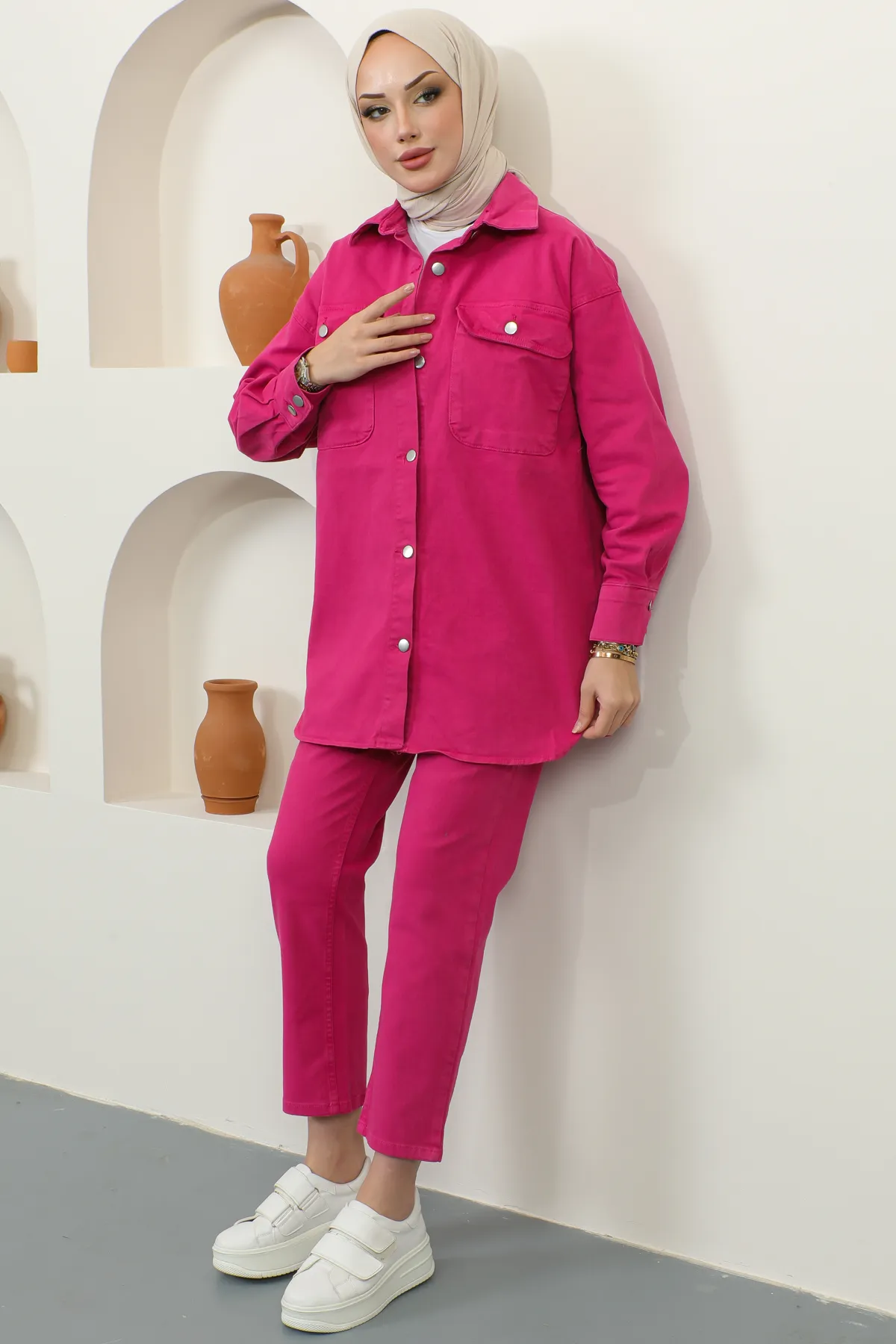 benguen  8175 Jacke Hose Hijab Doppel Jeans Set Fuchsia