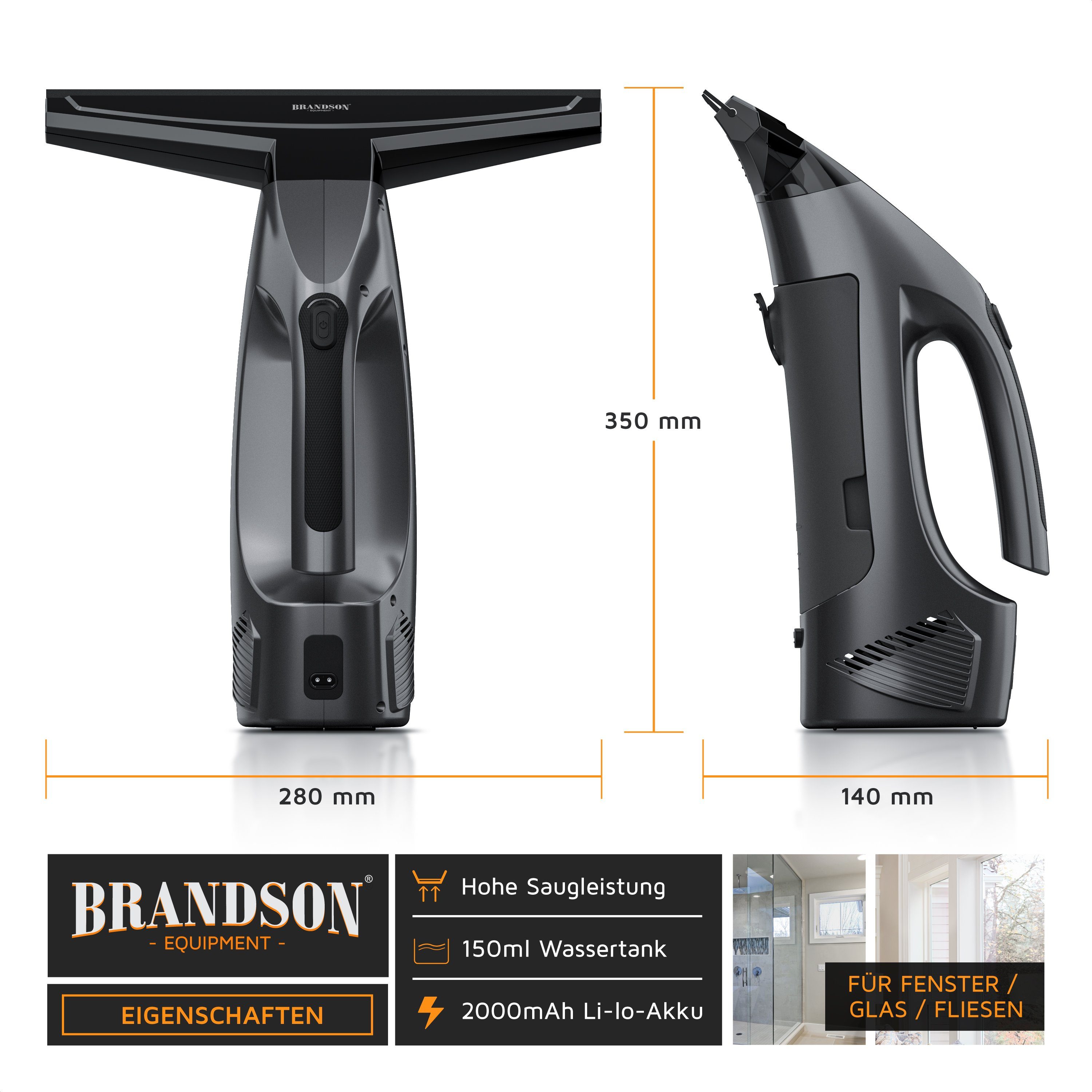 Brandson Wasch-Sauger, Akku Fenstersauger, Fensterreiniger. 2200 mAh Akku, 150 ml Wassertank