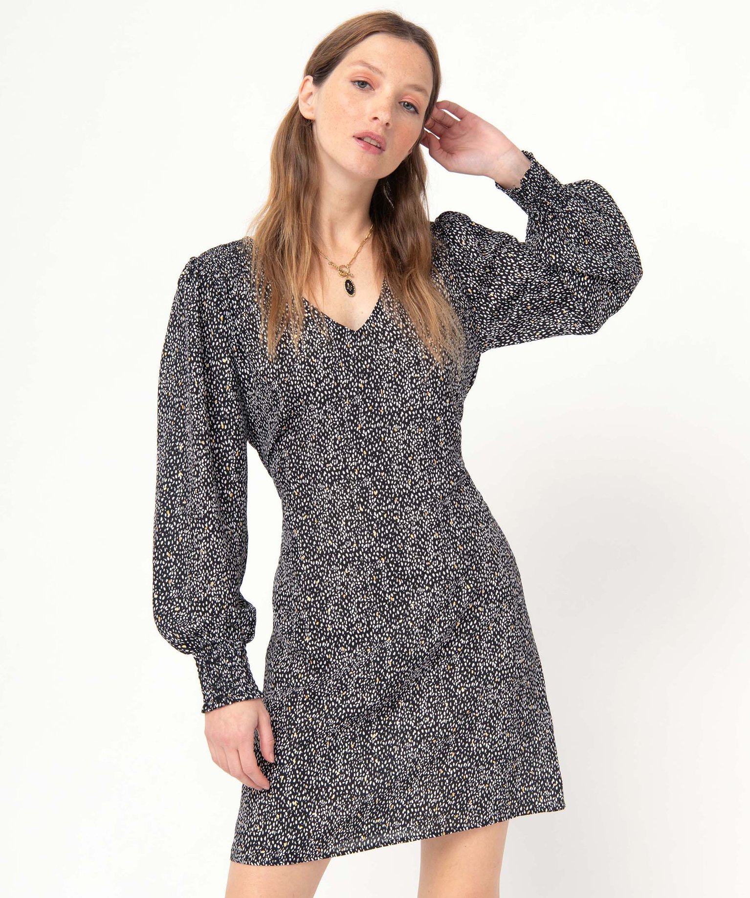 Robe femme imprimée à manches longues avec ceinture imprime | GEMO