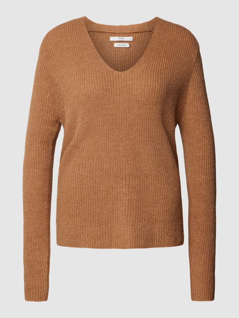Strickpullover mit abgerundetem V-Ausschnitt Modell 'Style.Lana' in cognac