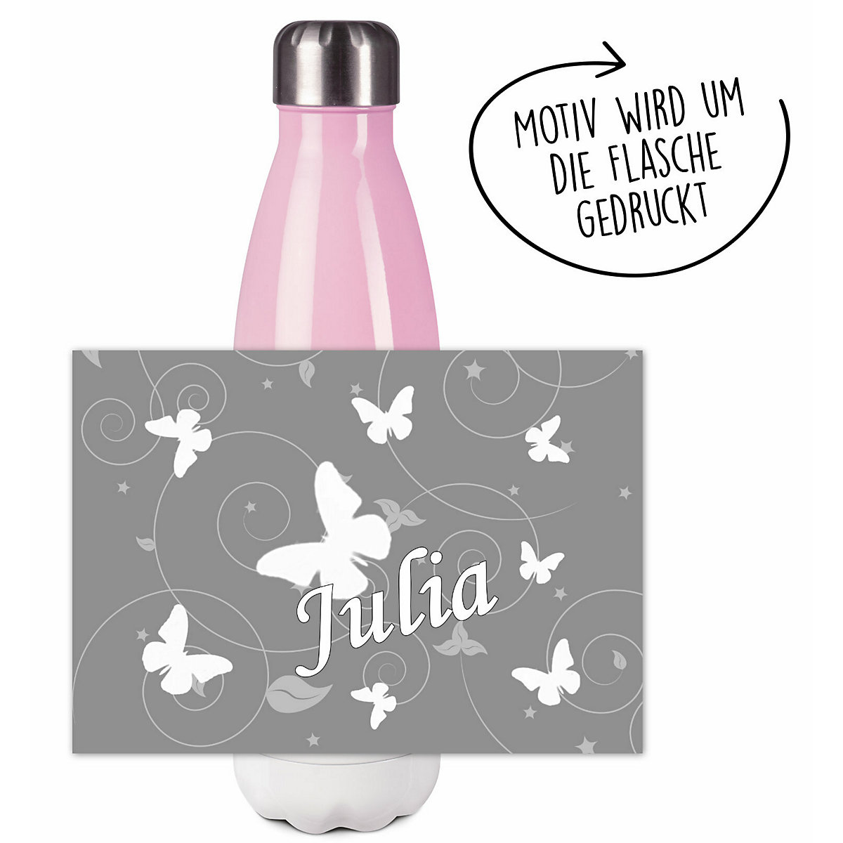 Edelstahl Kinder Thermoflasche / Trinkflasche bunt Schmetterling Ornamente Farbe grau Spülmaschinenfest, Auslaufsicher, Bruchfest, Doppelwandig, Für Heißgetränke geeignet, Mit Deckel, Isoliert