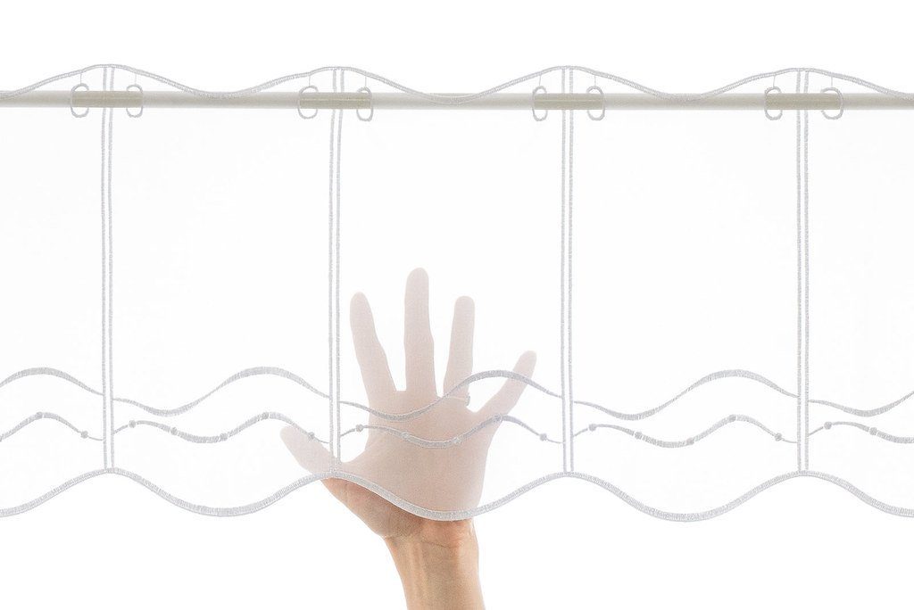Scheibengardine nach Maß geschwungene Stick-Borte, Gardinen Kranzusch, Stangendurchzug, transparent, Kurzgardine, Wunschmaß, Stablöcher, transparent, verschiedene Höhen und Farben
