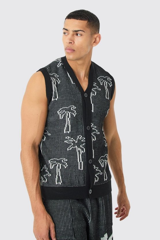 Geripptes Strick-Tanktop mit Knopfleiste und Palmen-Print