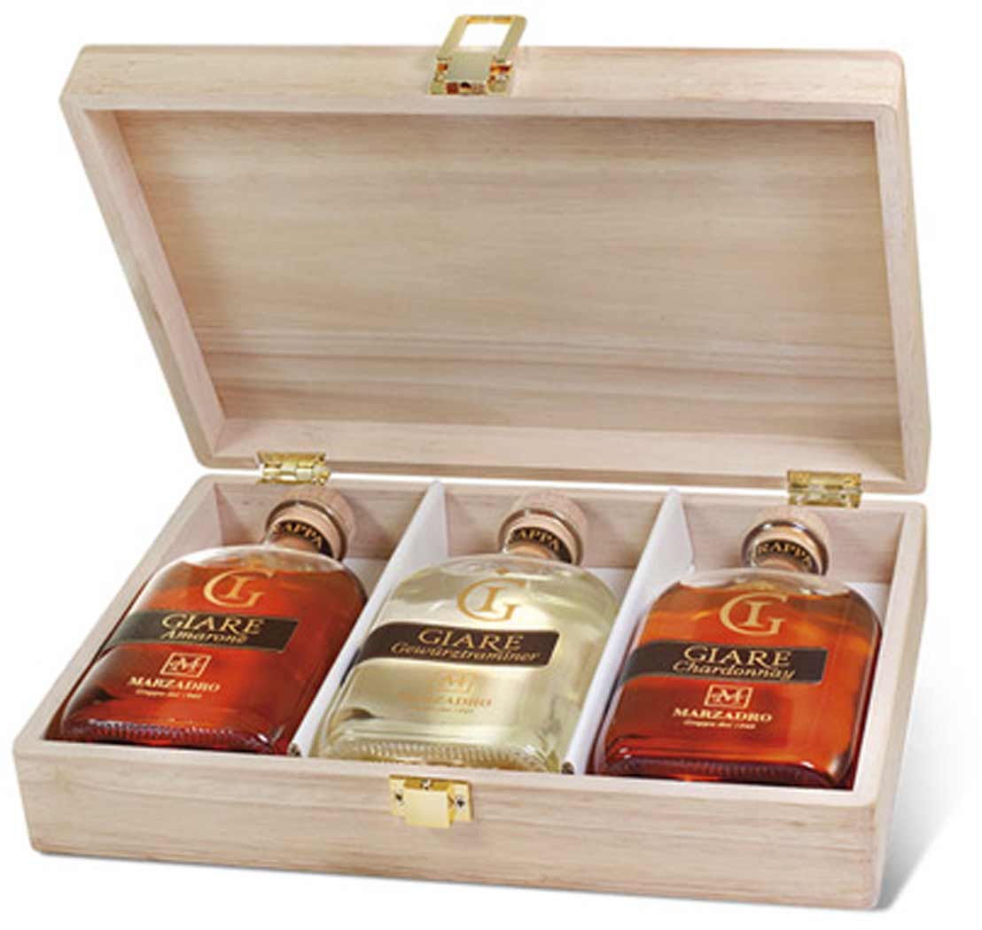 Marzadro Grappa Giare Collection 3 x 0,2 l in exklusiver Holzkiste