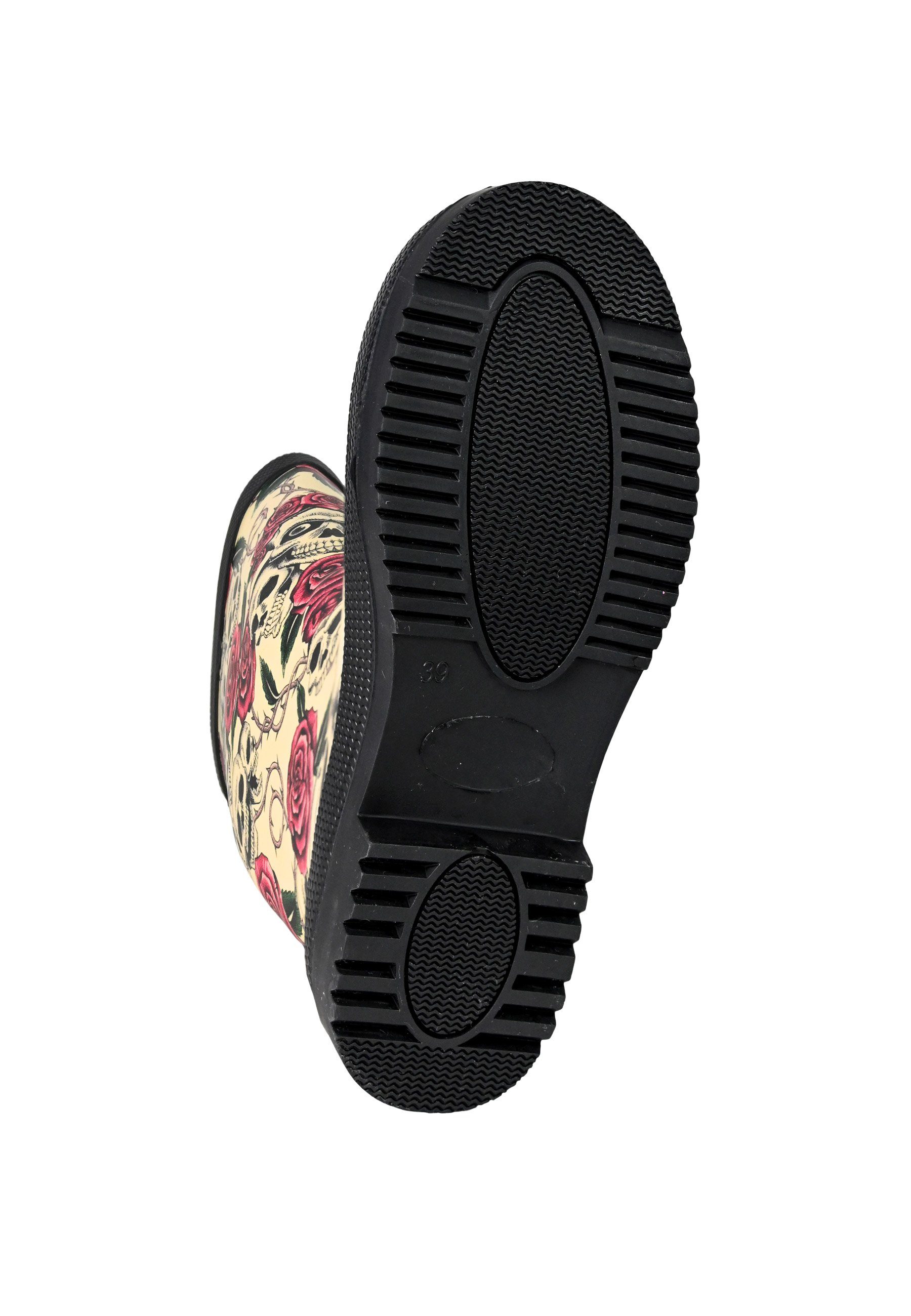 Regenliebe Ghost High Gummistiefel Langschaft Stiefel mit Totenköpfen und roten Rosen