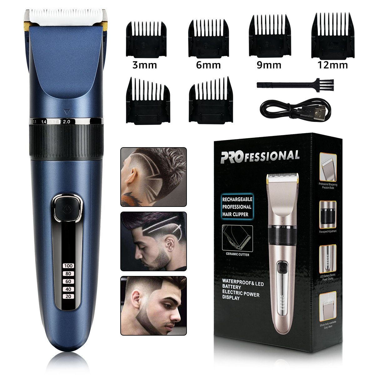 7Magic Haarschneider, USB Aufladung Akku Haarschneidemaschine mit LED Anzeige, IP54