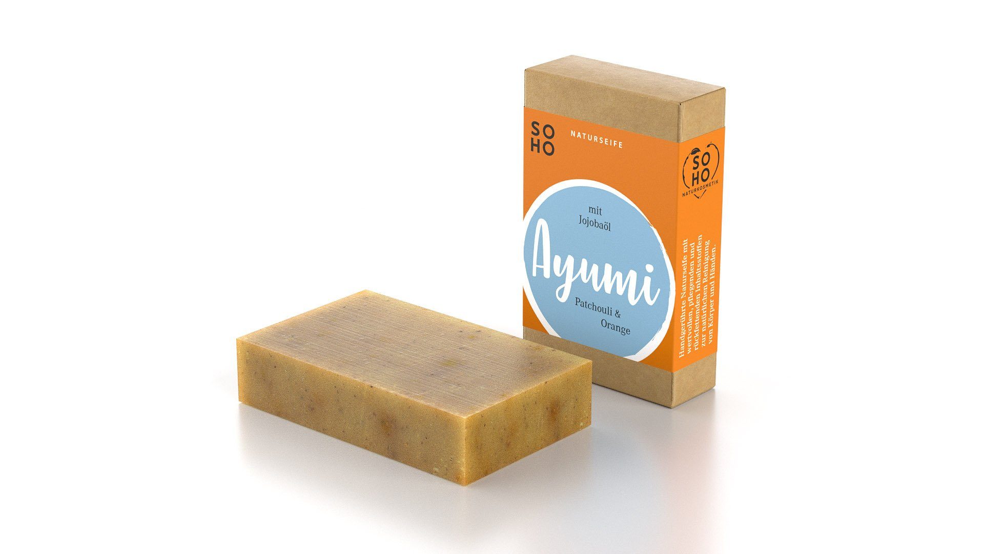 SOHO Naturkosmetik Feste Duschseife AYUMI Kräuterseife mit Jojobaöl und Patschuli & Orange, Feste Kräuterseife mit Orangen- und Patschuliduft