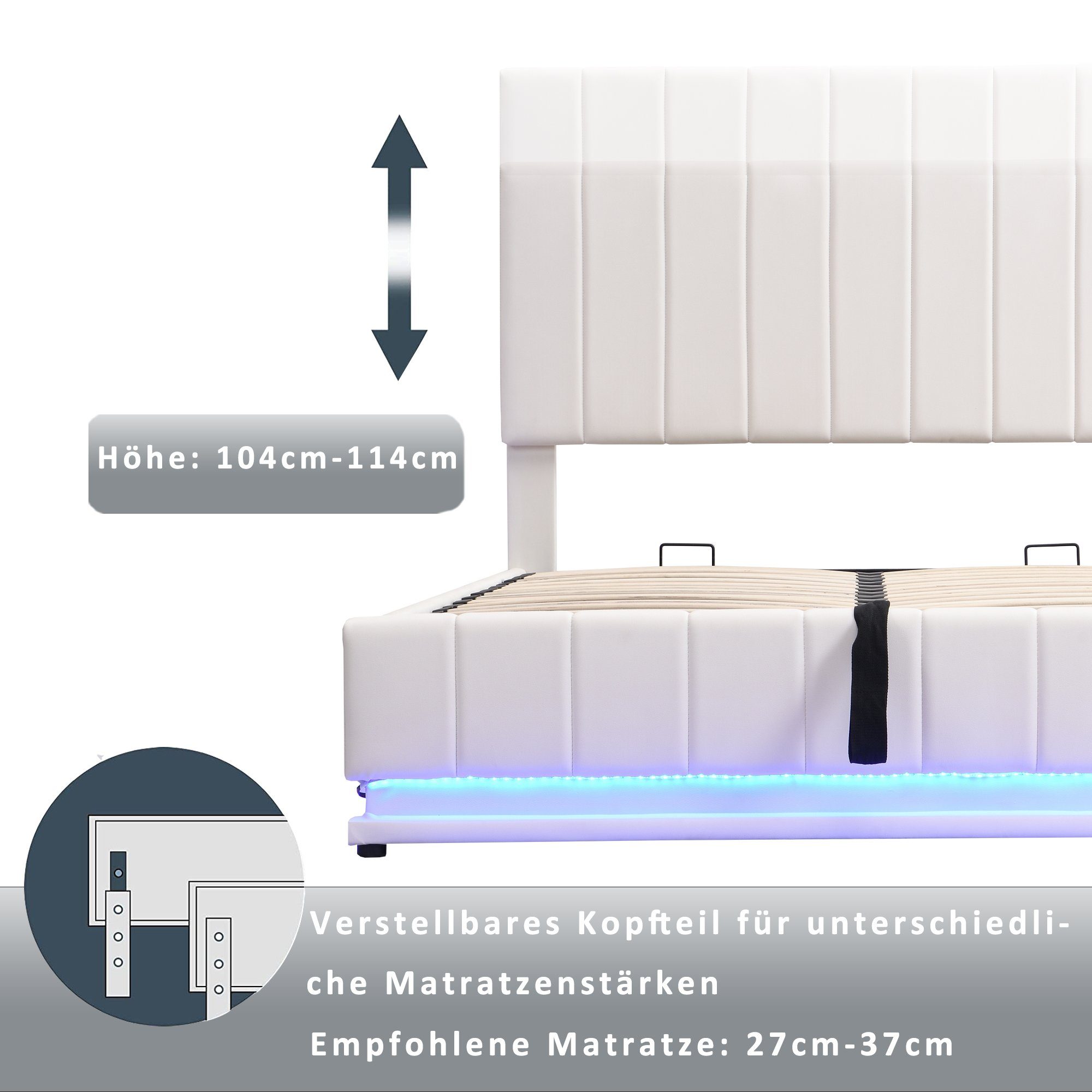 PHOEBE CAT Boxspringbett (LED Hydraulisches Bett mit Bettkasten und Lattenrost), Polsterbett Stauraumbett 160x200 cm, Kunstleder
