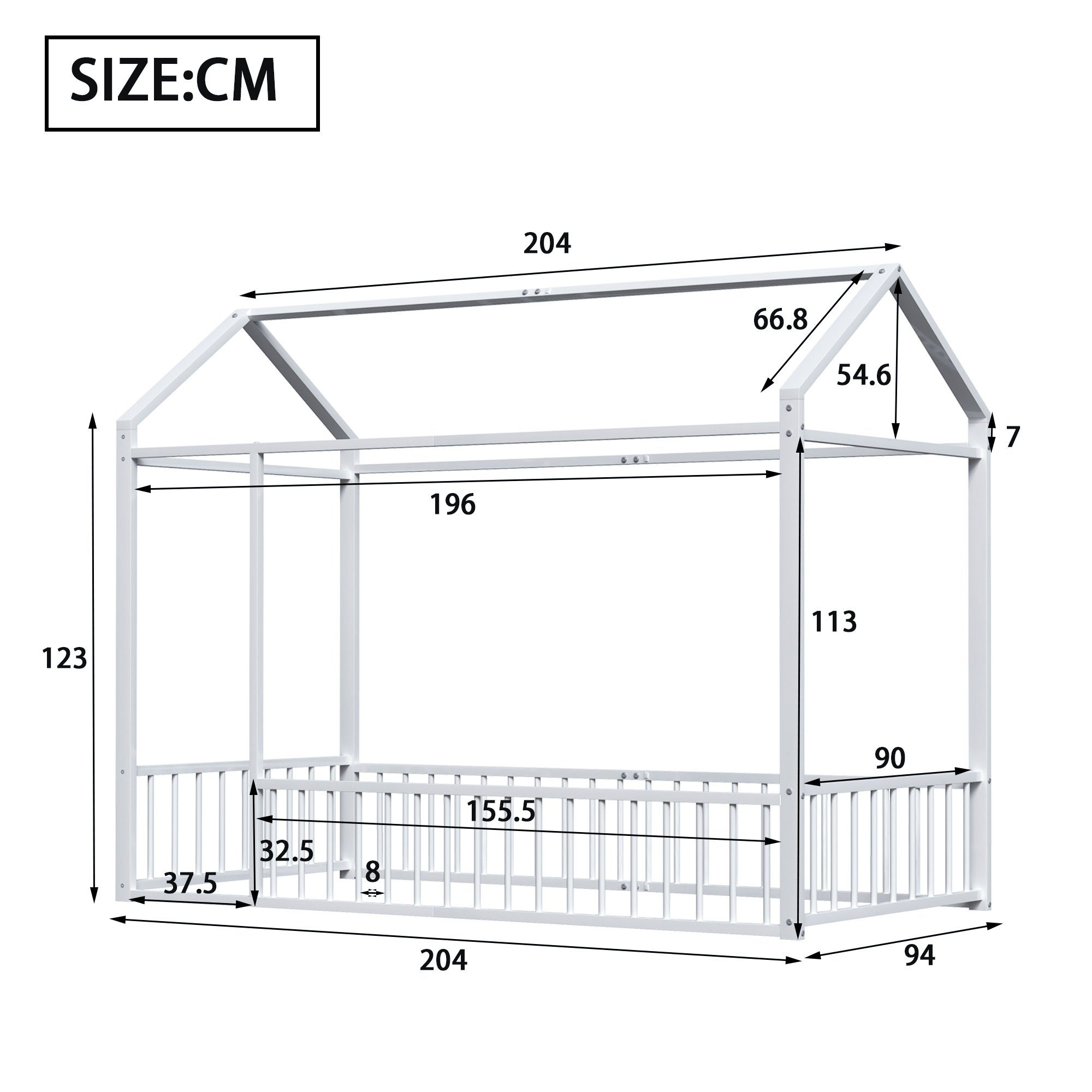 Flieks Metallbett, Kinderbett Hausbett Einzelbett 90X200cm mit Dach ohne Lattenrost