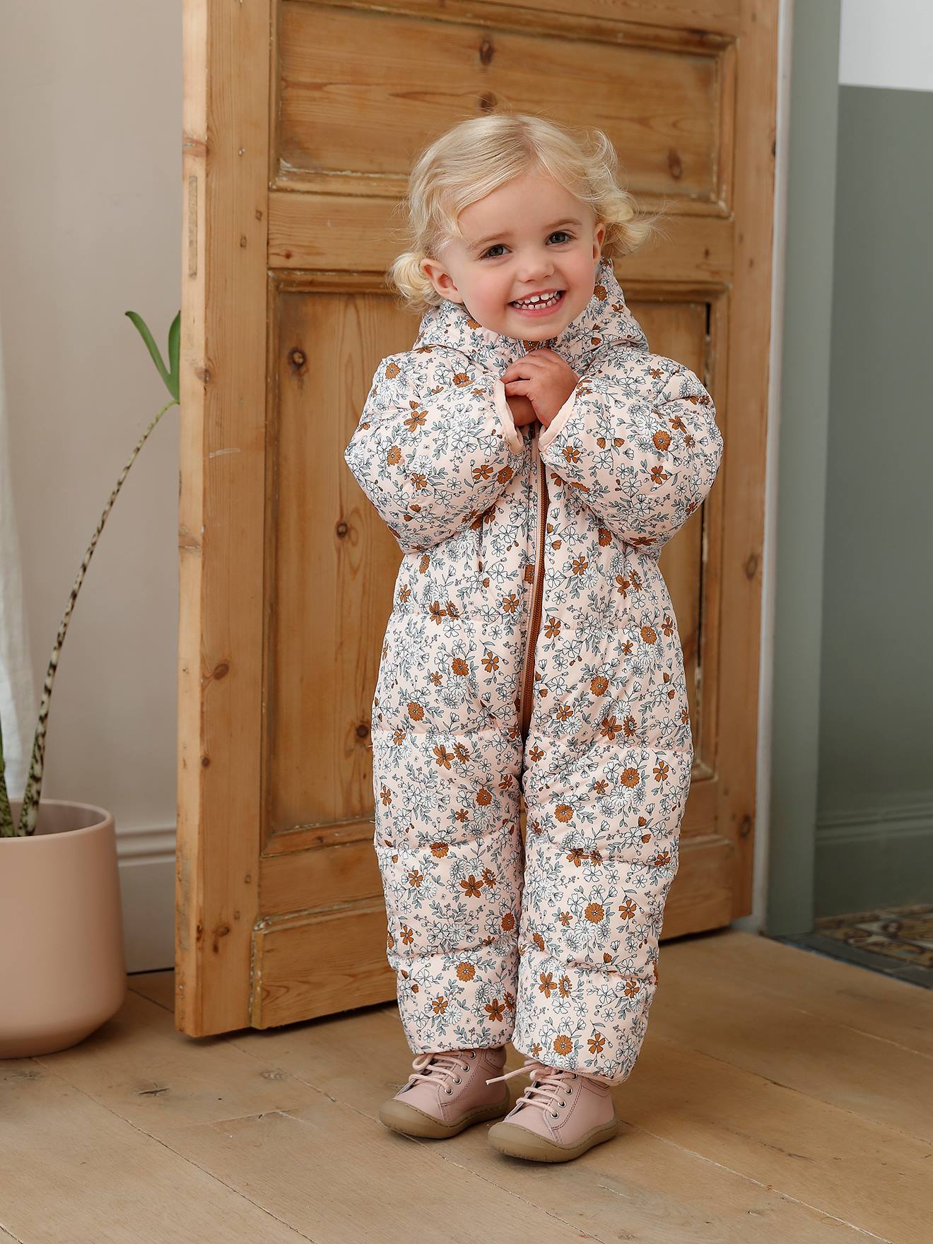 Combi-pilote fleurie bébé matelassée rose pâle imprimé