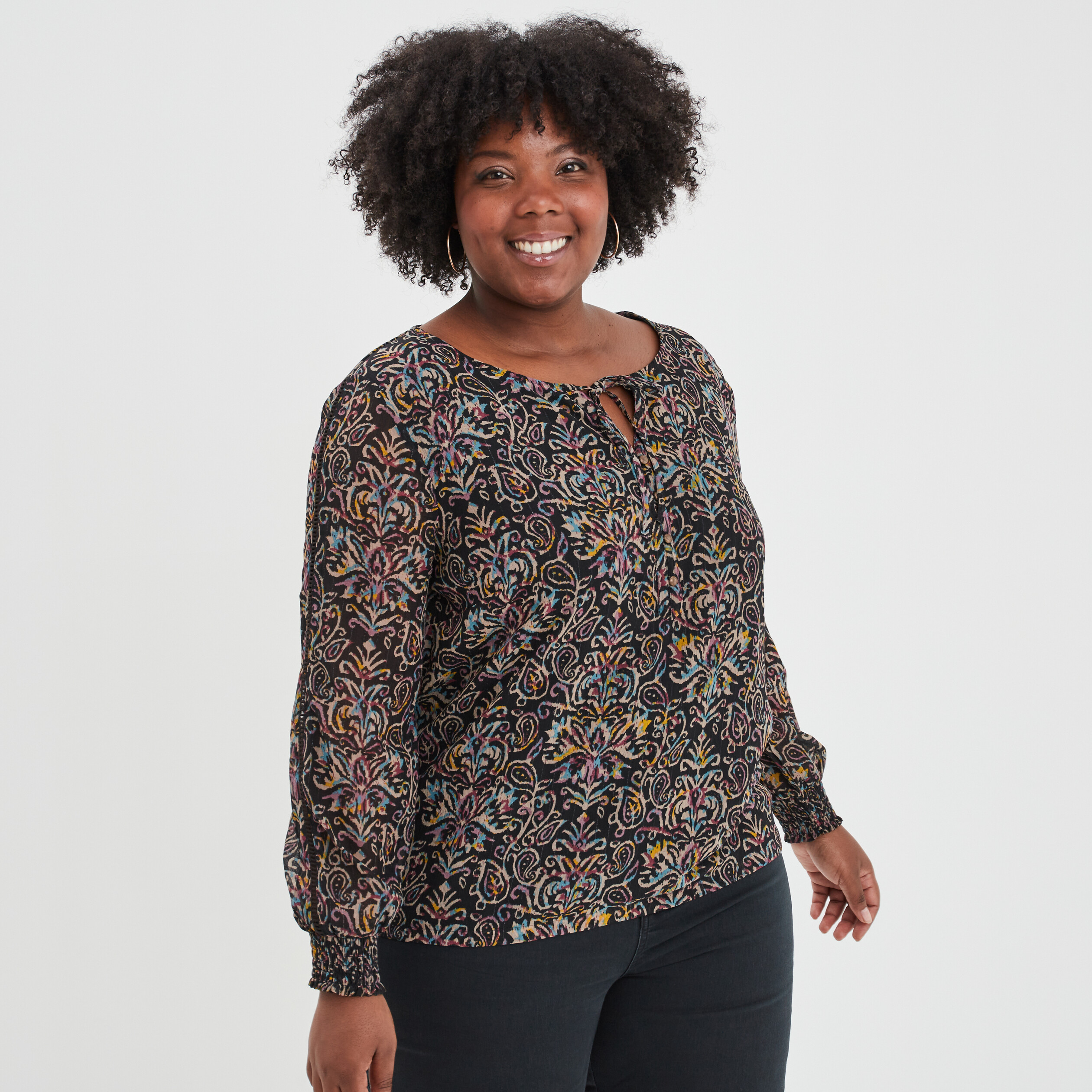 Blouse cordons au col manches longues noir femme grande taille | La Halle