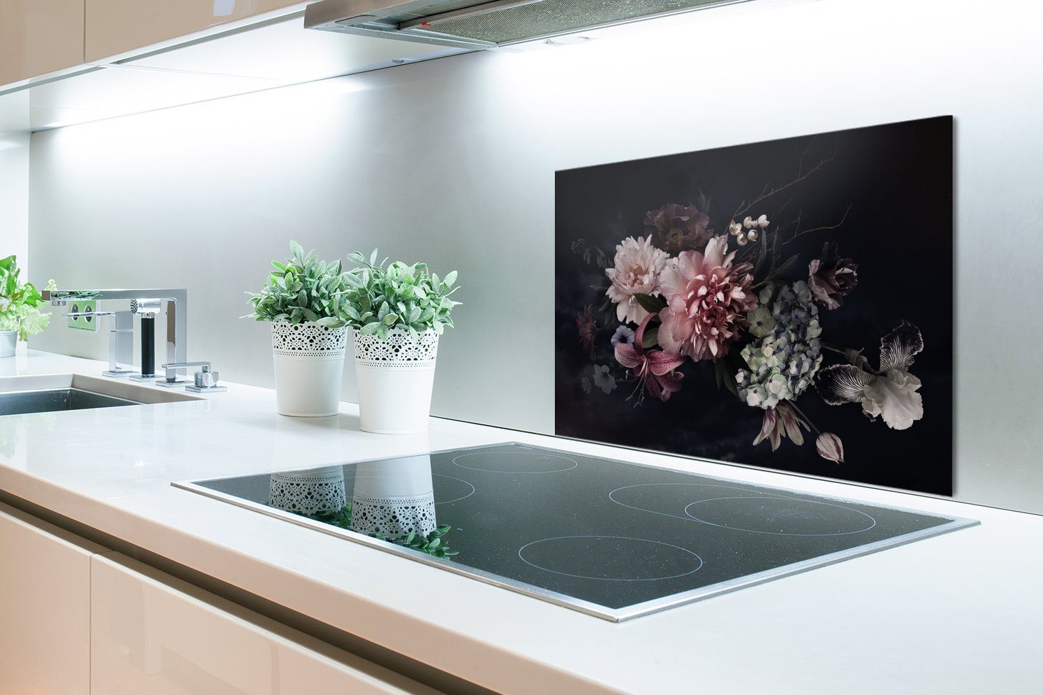 MuchoWow Küchenrückwand Blumen - Vintage - Pastell - Schwarz - Blumenstrauß, (1-tlg), 60x40 cm, Herdblende aus Wandschutz, Temperaturbeständig küchen