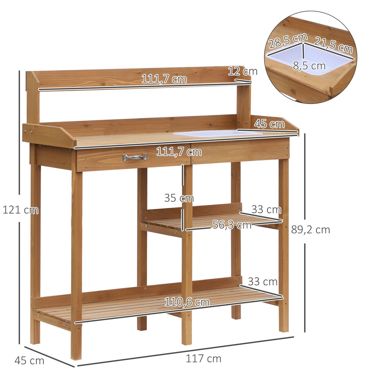 Outsunny Pflanztisch Gärtnertisch Blumentisch mit Wanne Garten Tannenholz Erle 117 x 45 x 121 cm
