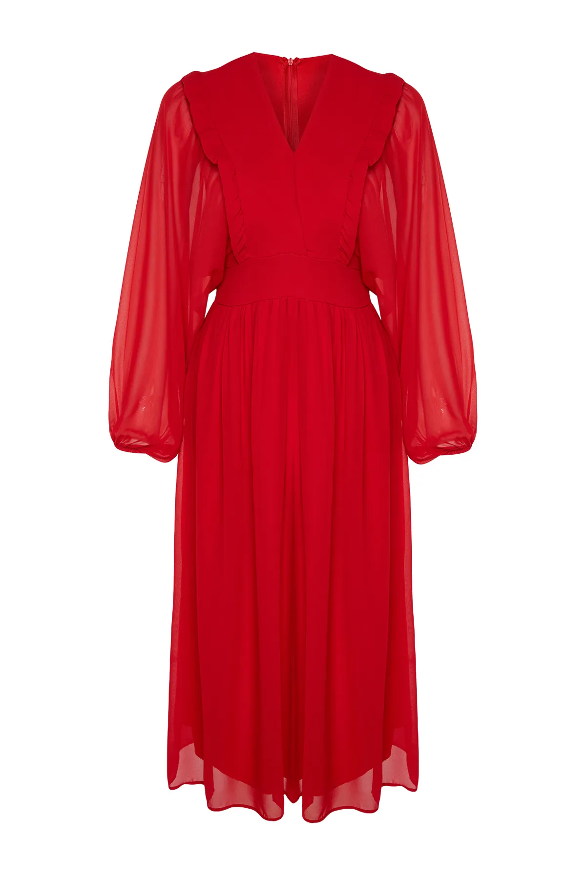 Trendyol Modest  Rotes, minimal gemustertes, mit Chiffon gefüttertes Webkleid TCTSS24EB00035