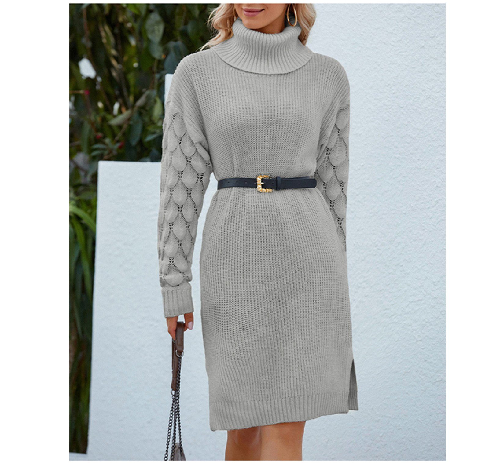 aikidio Stillkleid Schlankes, sexy Strickkleid mit hohl geschlitztem Pulloverrock