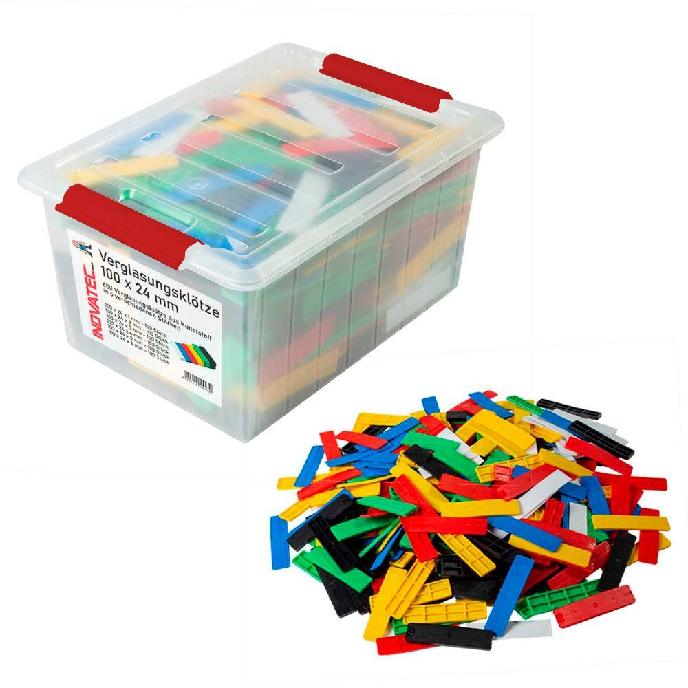 Inovatec Unterlegplatte 600 x Kunststoff Verglasungsklötze 100 x 24 x 1 - 6 mm Montage Trageklötze Mix in praktischer wiederverwendbarer Box mit Deckel und Clips