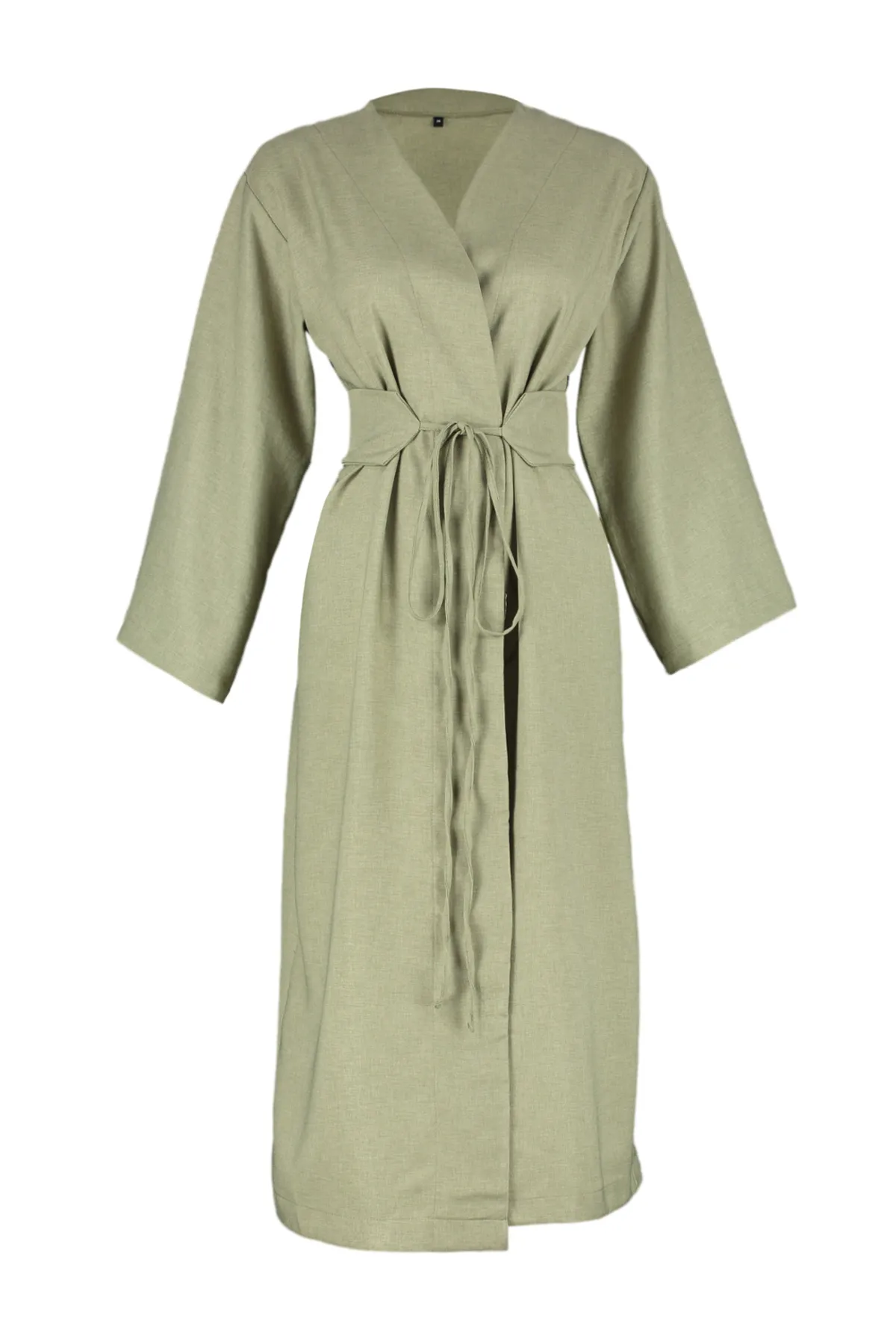 Trendyol Modest  Khakifarbener gewebter Kimono und Kaftan in Leinenoptik mit Bindedetail in der Taille TCTSS24KK00001