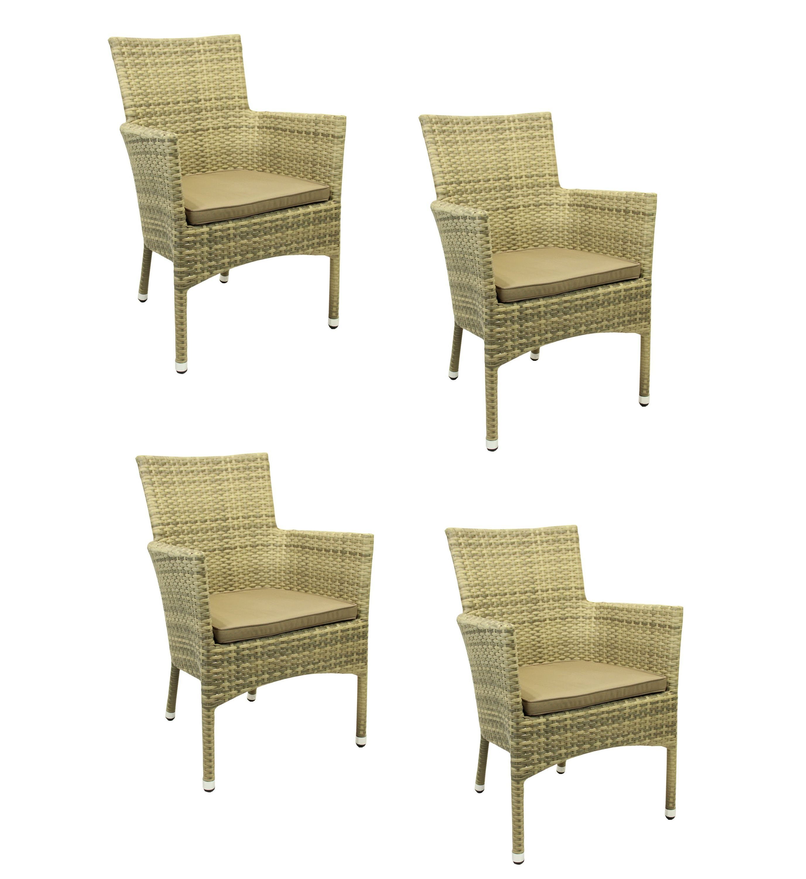 Konway Stapelstuhl MILANO (4 St), 4x KONWAY® MILANO Stapelsessel Elfenbein + Kissen Polyrattan Sessel