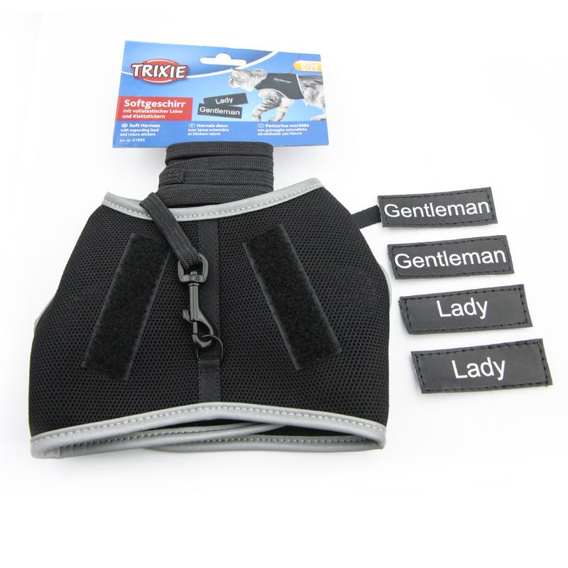 Katzenhalsband + Katzengeschirr zum Discountpreis bei bitiba: Trixie Katzengeschirr XCat XL mit Sticker und Leine, schwarz