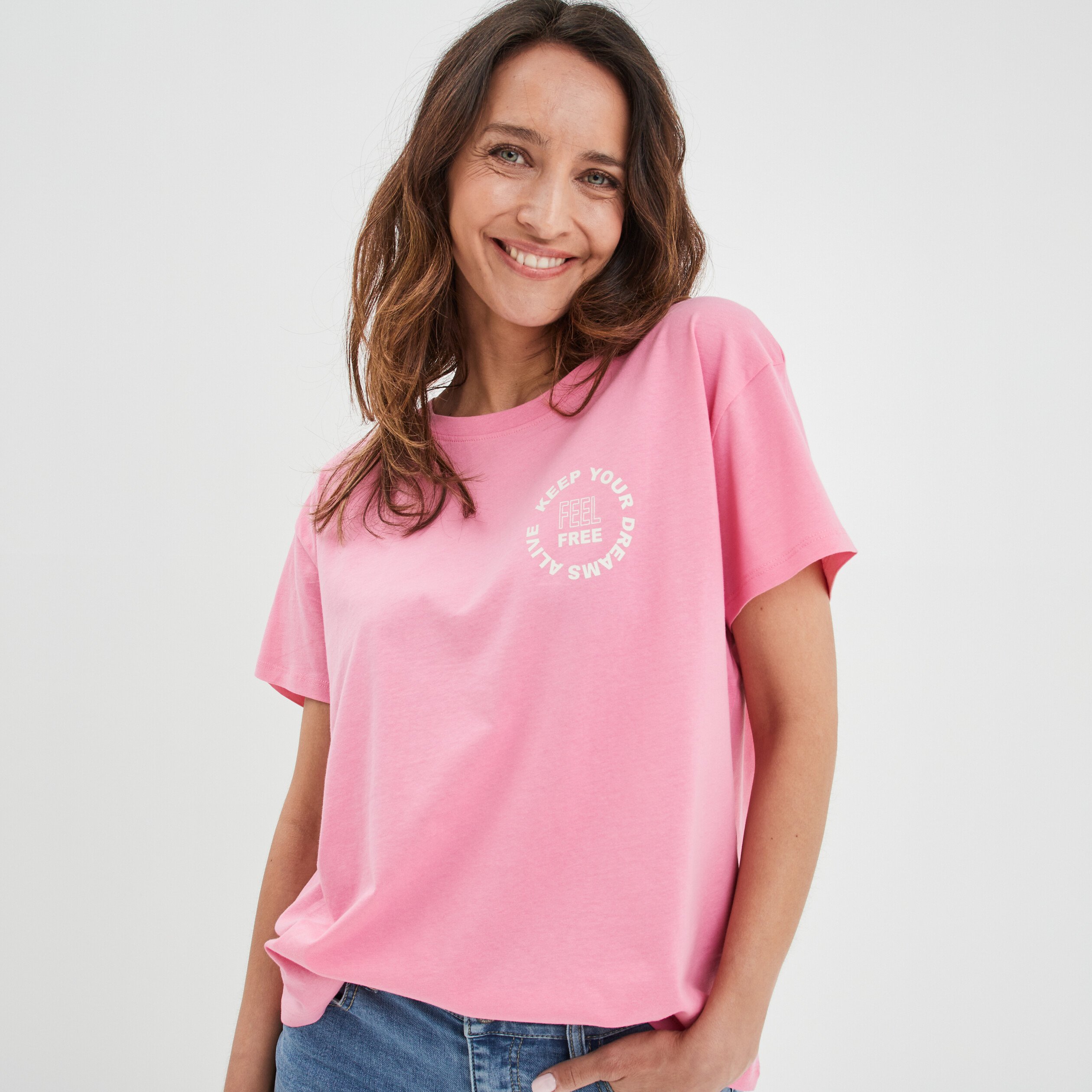 T-shirt col rond manches courtes coton rose femme | La Halle