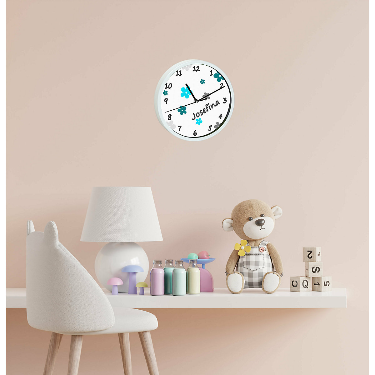 Kinder Wanduhr laufruhig personalisiert mit Name Blumen Türkis