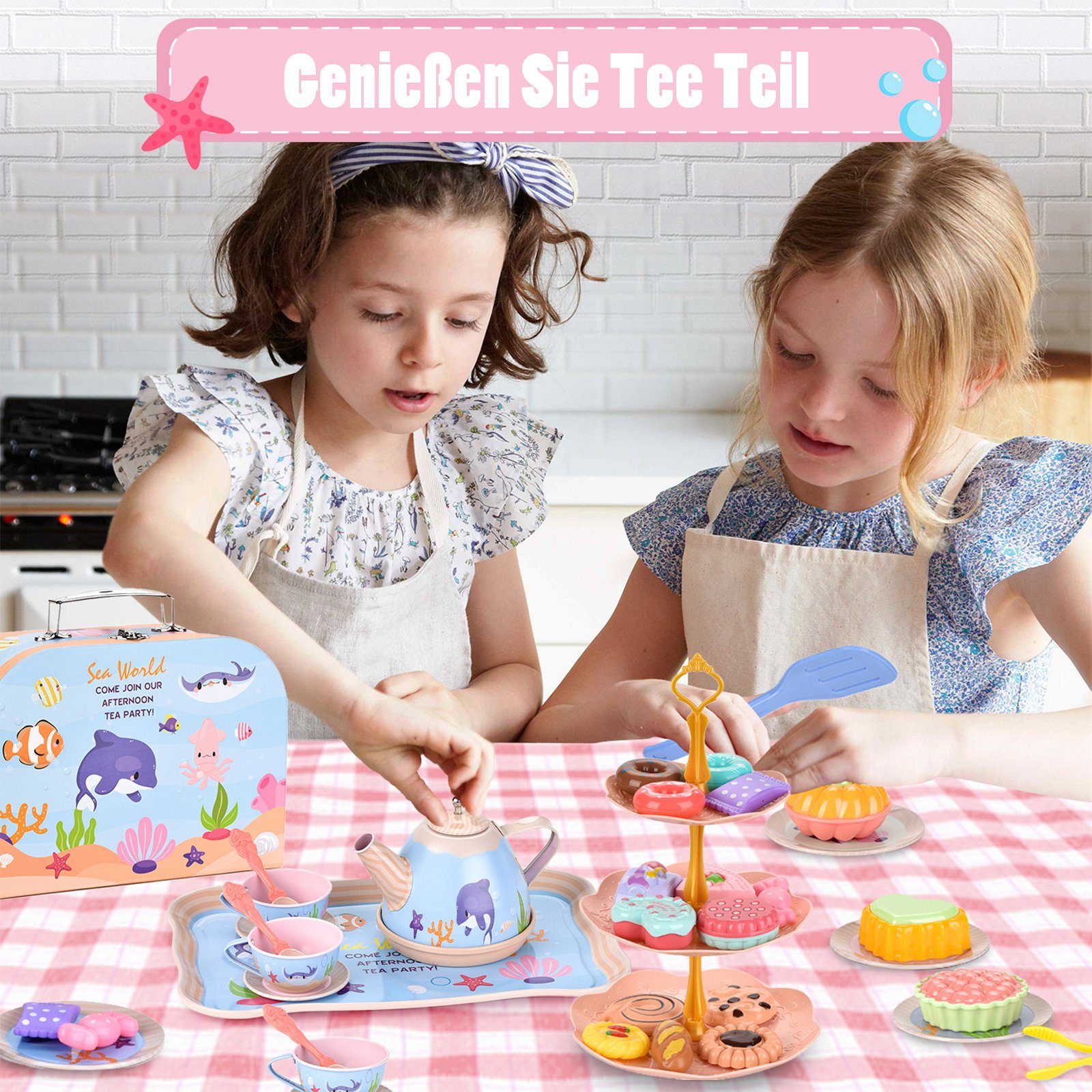 LBLA Lernspielzeug 45-teiliges Teeservice Kinder Metall mit Spielzeug Tragekoffer Dessert, Teeservice Kinderküche Rollenspiel für Kinder, Weihnachtsgeschenk
