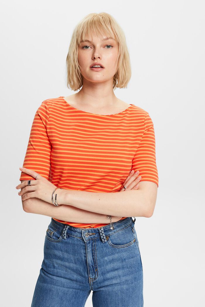 Gestreiftes Baumwoll-T-Shirt mit U-Boot-Ausschnitt