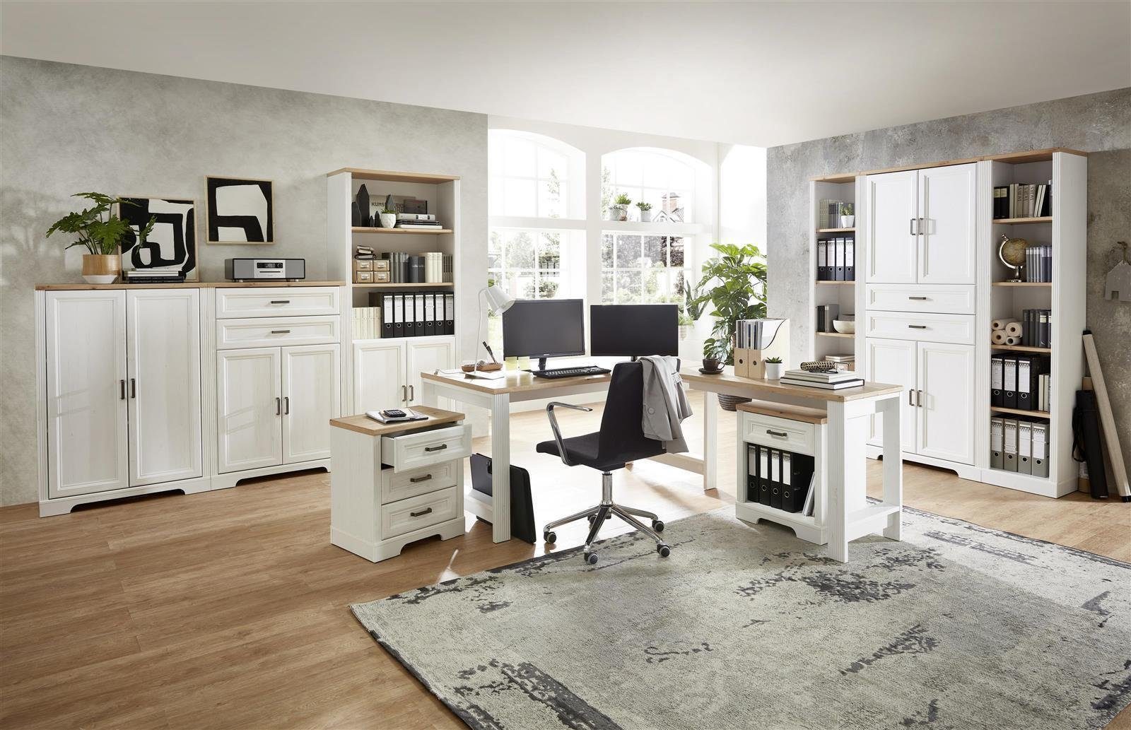 möbelando Aktenregal Jasmin, Aktenregal im modernen Landhausstil aus Spanplatte in Pinie hell Nachbildung, Absetzungen in Artisan Eiche Nachbildung mit 5 offenen Fächern. Breite 43 cm, Höhe 204 cm, Tiefe 38 cm