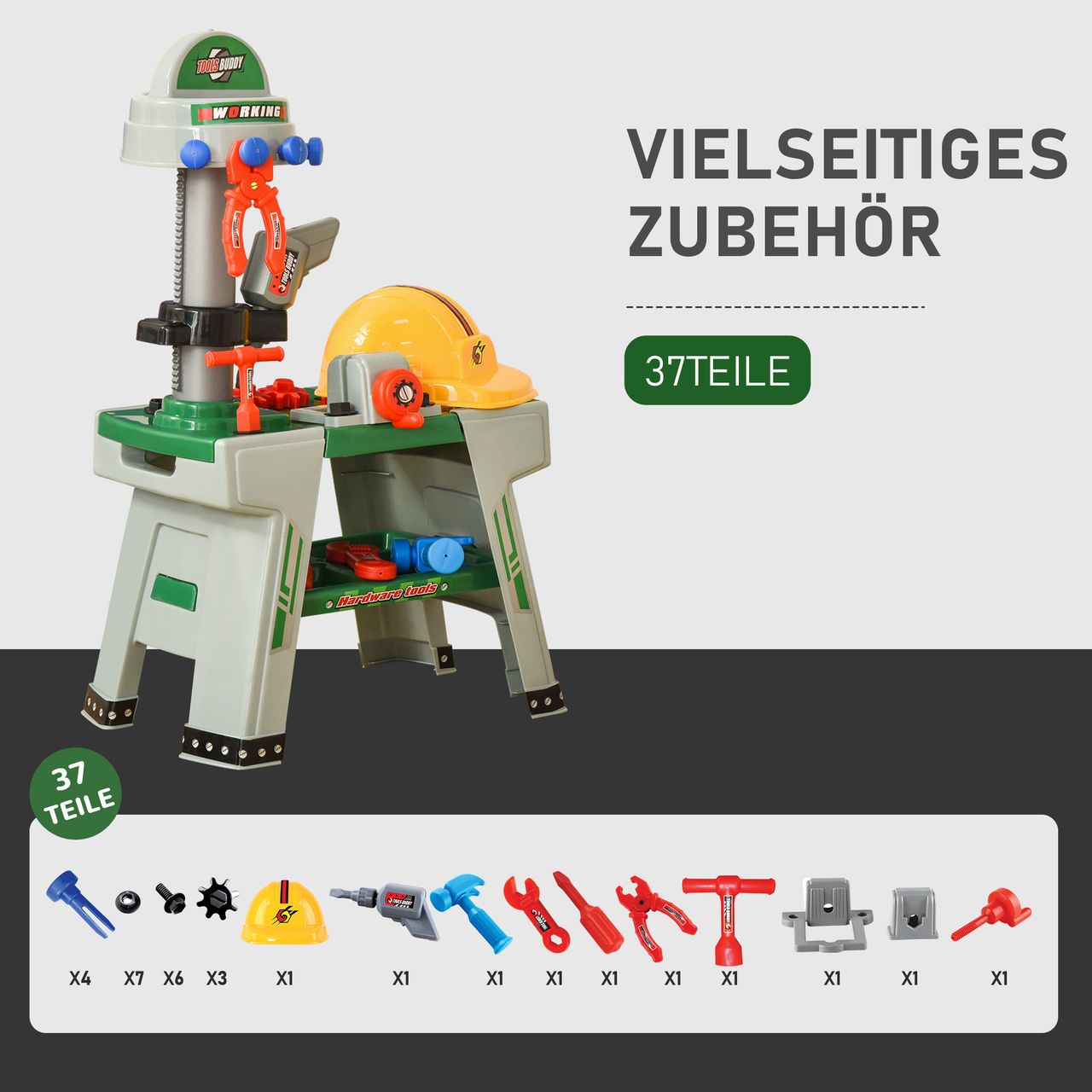 HOMCOM Kinder Werkbank Arbeitstisch Werkbanktisch mit 37 Zubehören Rollenspiel Spielzeug für Kinder von 3 bis 6 Jahren PP-kunststoff Grün Grau 44 x 26 x 71 cm