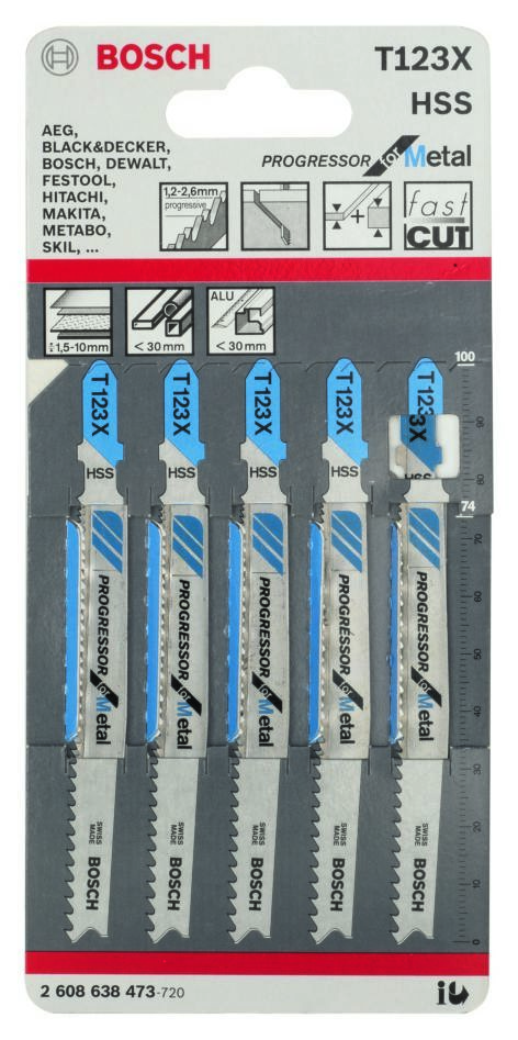 Bosch Blue Zubehör 2608638473 T123XF Stichsägeblätter T-Schaft, 5 Stück, Metall-Progressor