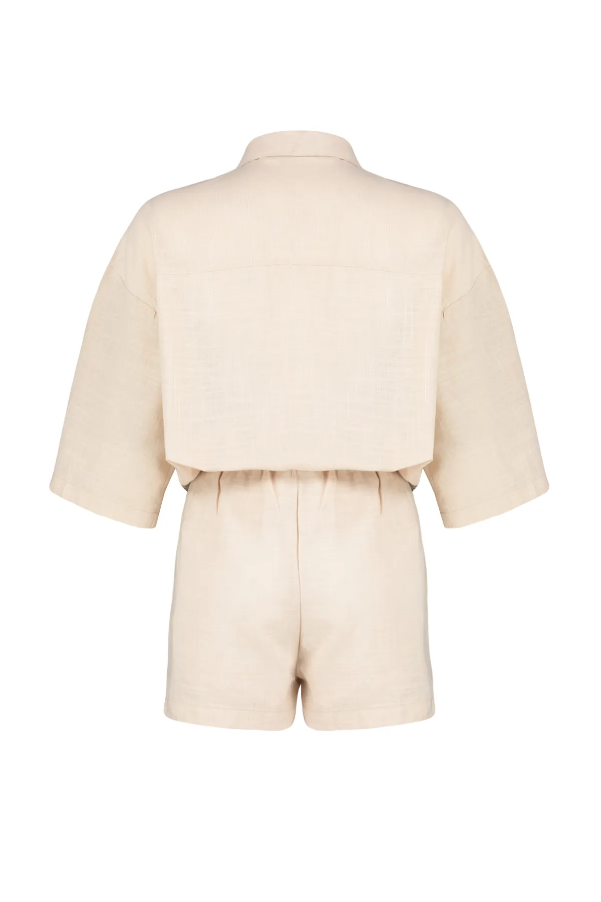 Trendyol Collection  Beigefarbenes Hemd-Shorts-Set aus gewebtem Leinengemisch TBESS24AU00042