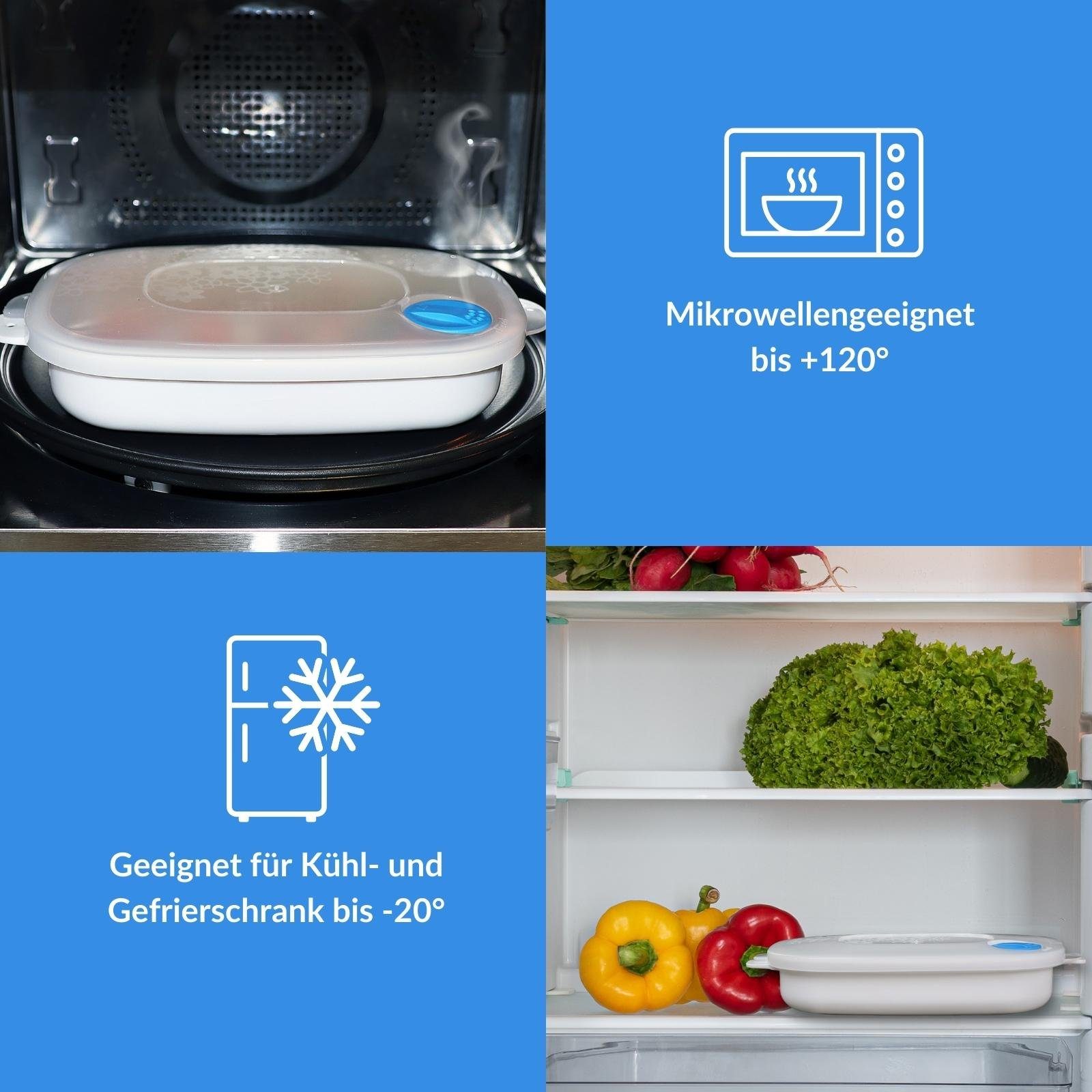 Plentyfy Mikrowellenbehälter Frischhaltedose oval 0,75 Liter mit Motiv und Dampfventil, Kunststoff, (Kasserolle 0,75 L oval BLUME mit Dampfventil BLAU Mikrowellen-Geschirr, Premium), Meal Prep Boxen - Mikrowellengeschirr mit Deckel