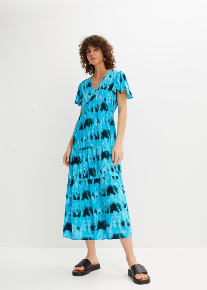 Knieumspielendes Jerseykleid mit Flügelärmeln, Volants und Taschen