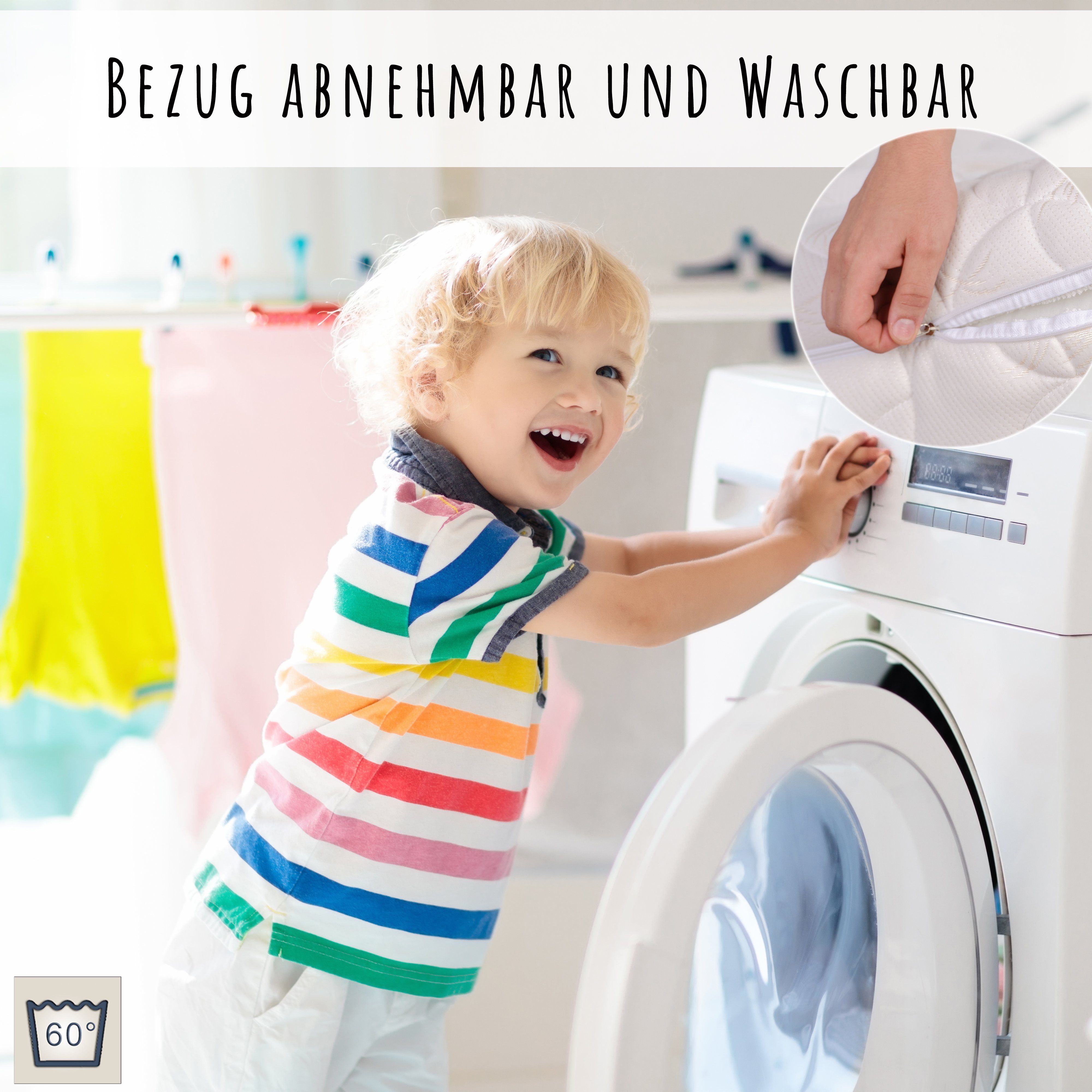 Kindermatratze mit waschbarem Bezug 60x120 70x140 80x160 80x180 90x200, Kids Collective, 10 cm hoch, optional mit Spannbettlaken aus 100% Baumwolle, Wendematratze