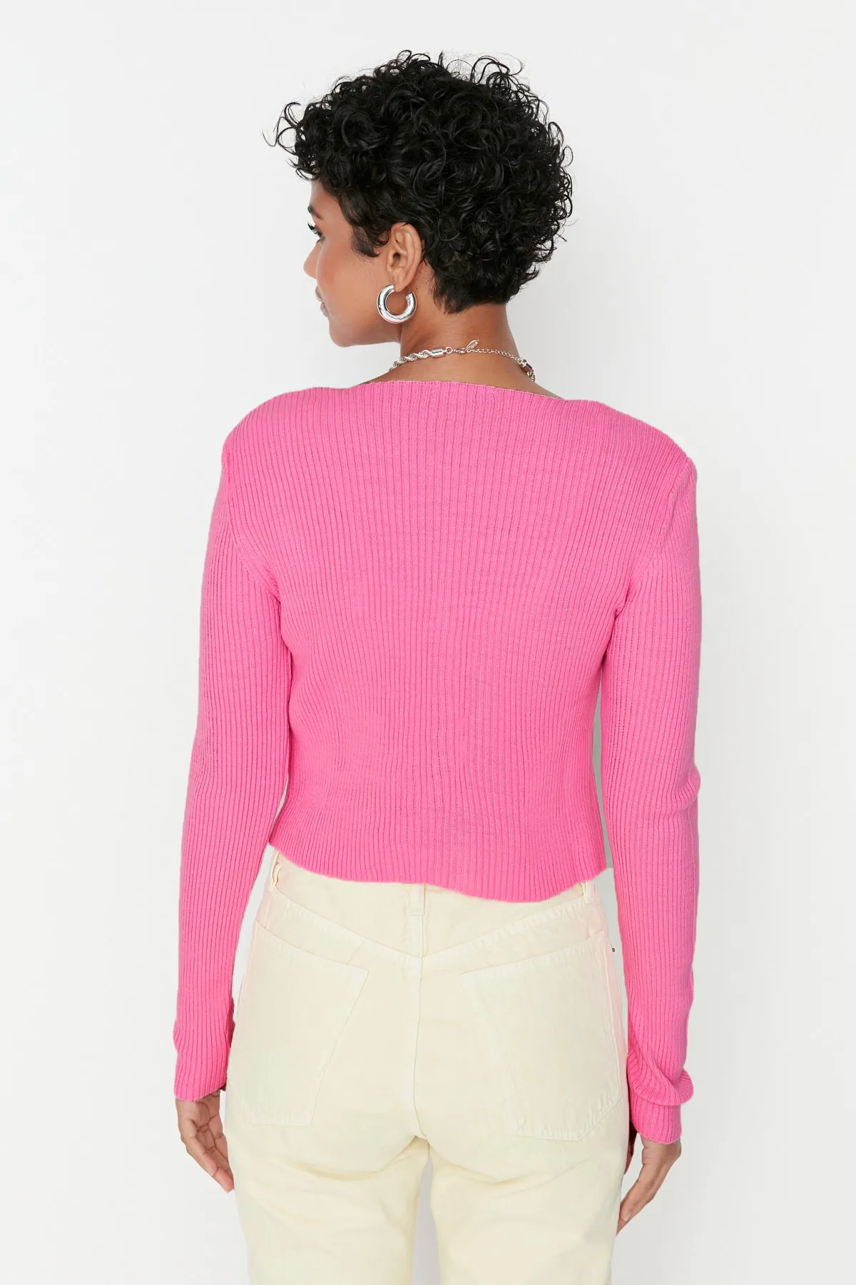 Trendyol Collection  Rosa Crop Tie Detailliertes Blusen-Cardigan-Strickwaren-Set Strick-Cardigan TWOSS21HI0002