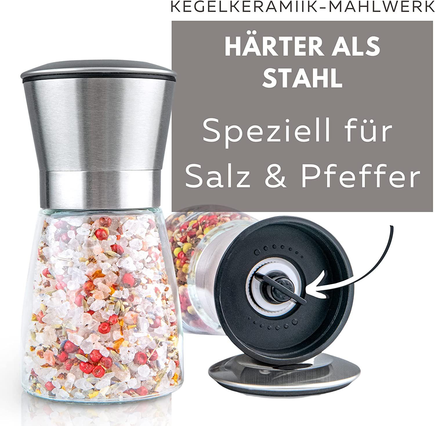 Hannah's Homebrand Salz-/Pfeffermühle mit individueller Einstellung grob bis fein (2er-Set) manuell, (2 Stück), Robuste Salzmühle und Pfeffermühle mit extrem harten Keramik-Mahlwerk