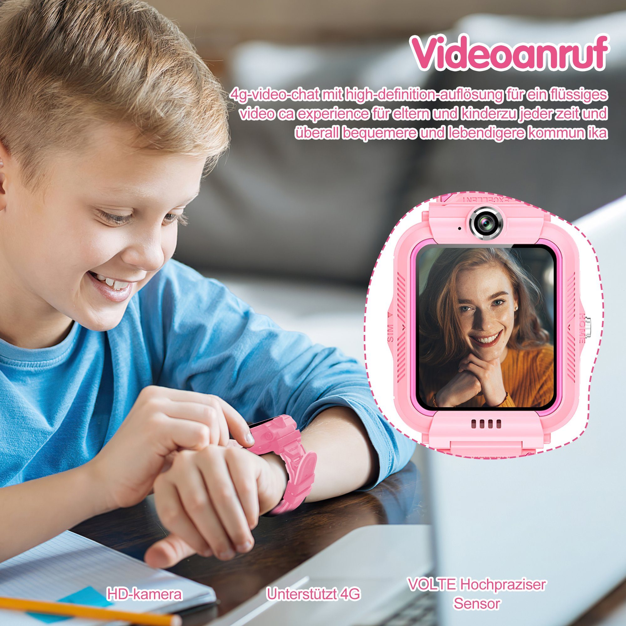 Tisoutec Kinder Smartwatch Telefon,Anrufe,Nachrichten, Smartwatch (Smartwatch (1.4 cm/ martwatch Telefon für Kinder - 4G, Kamera,telefonieren Zoll Zoll), Speicher 1+8G