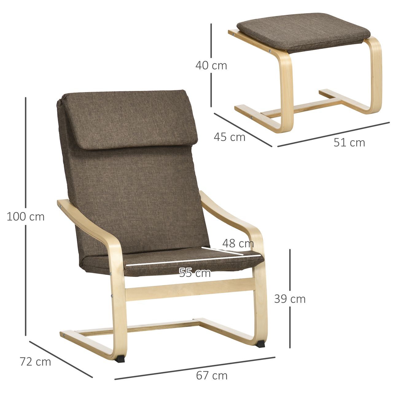HOMCOM Relaxsessel mit Fußhocker Armlehnensessel Leinenbezug Holzgestell Braun