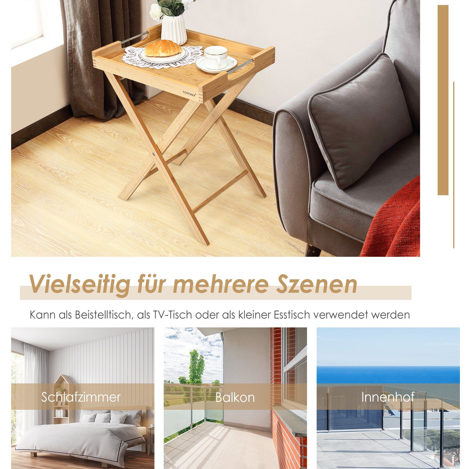 COSTWAY Klapptisch, mit integrierten Griffen & abnehmbarem Tablett, tragbar