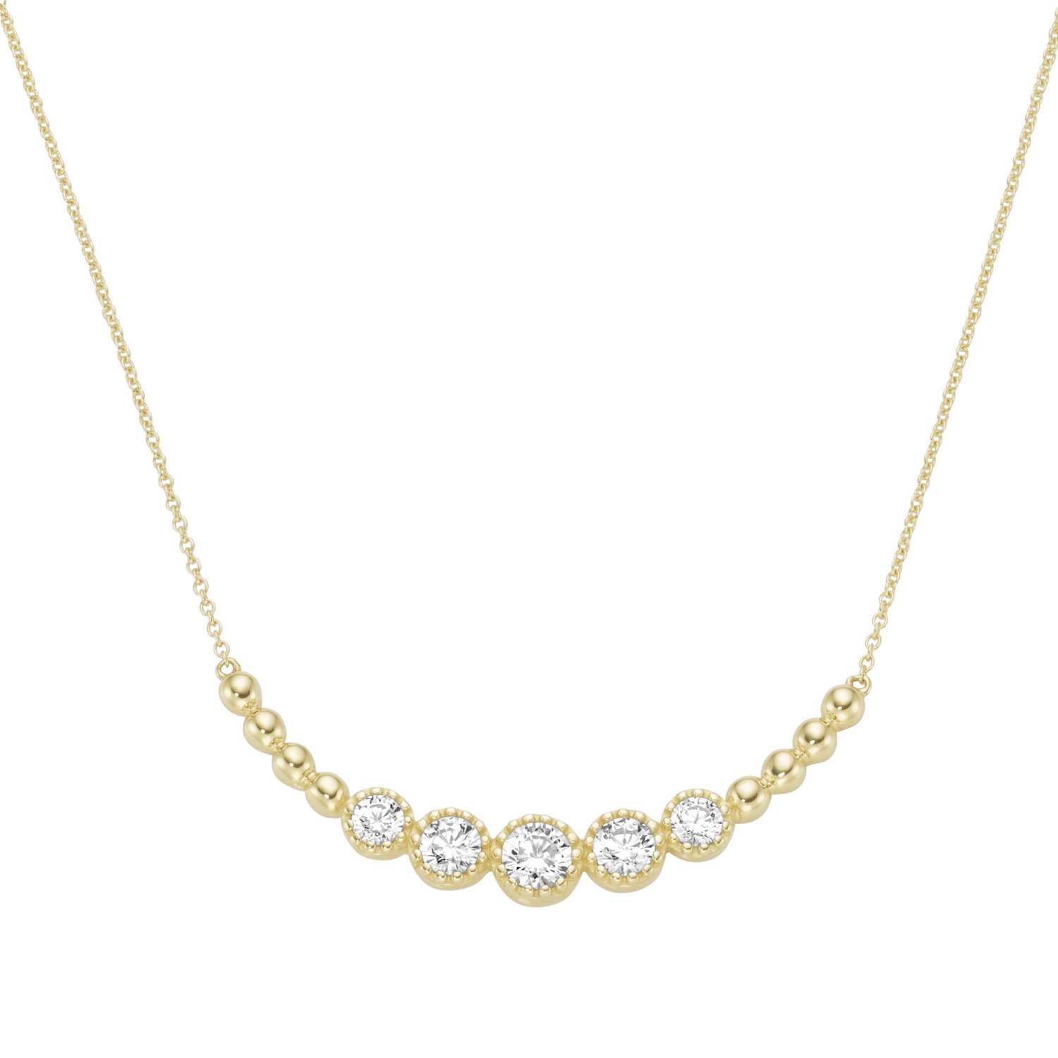 Collier mit Zirkonia & Kugeln im Bogen in verschiedenen Größen. Gold 375