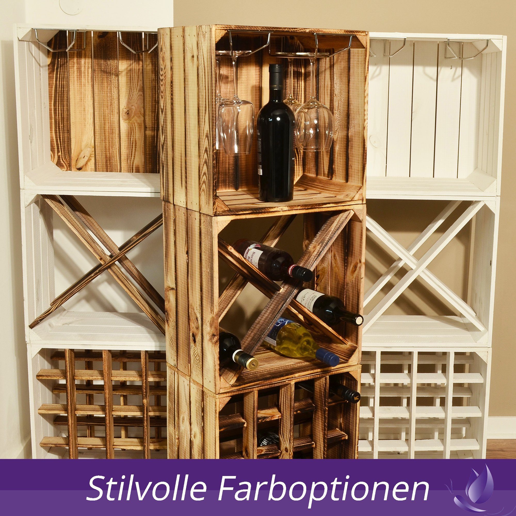 CHICCIE Weinregal Weinregal Wino Set aus Holz - Geflammt Komboset Wandregal Flaschenrega, 3-tlg.