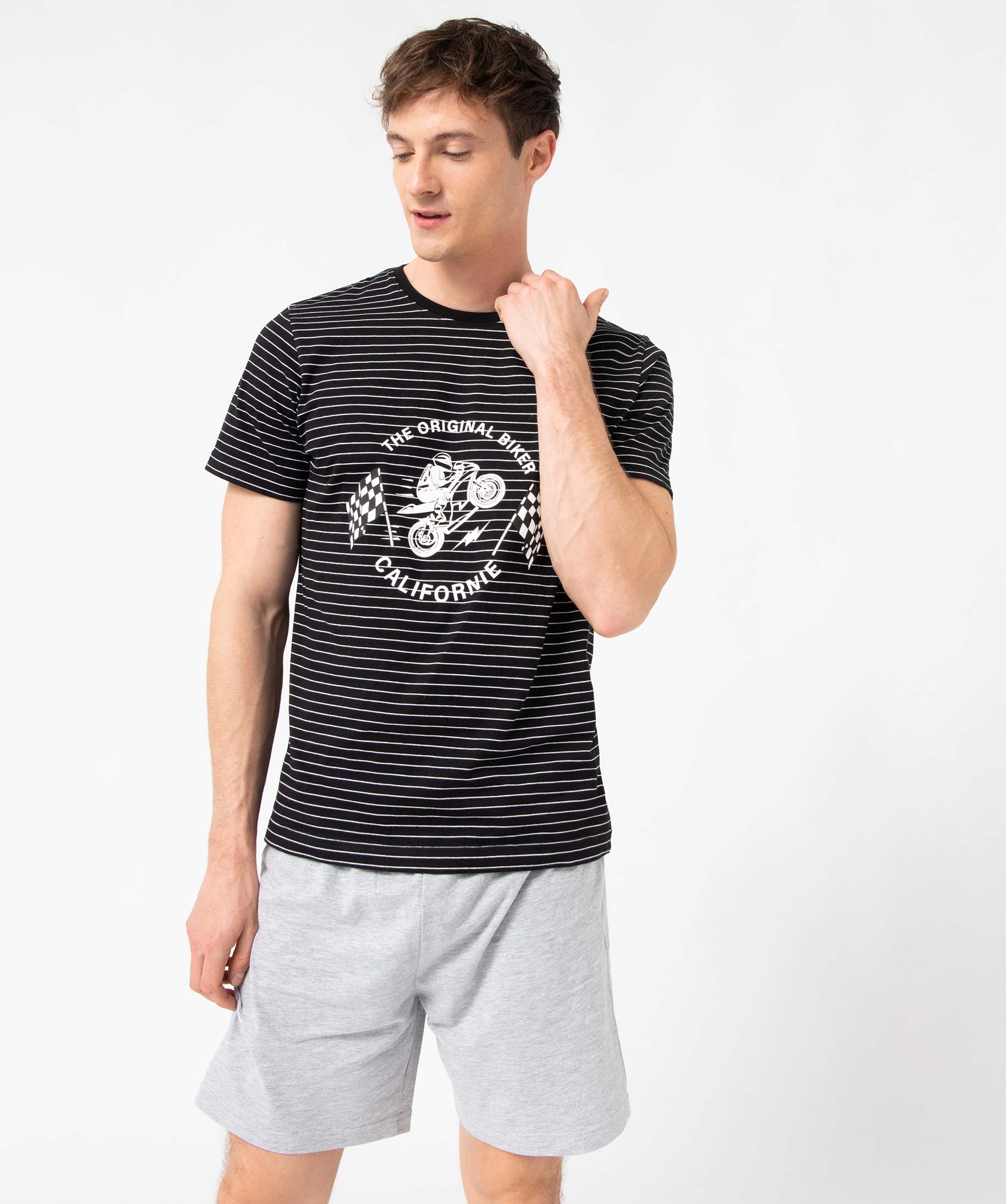 Pyjashort homme mix&match imprimé biker et rayures gris clair | GEMO