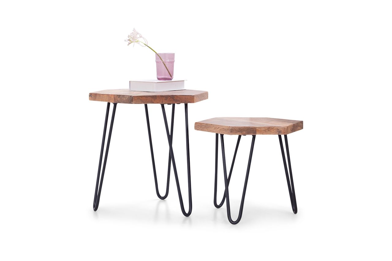 byLiving ELEA Zweisatztisch, Breite 45 cm, Metall schwarz pulverbeschichtet, Mangoholz natur