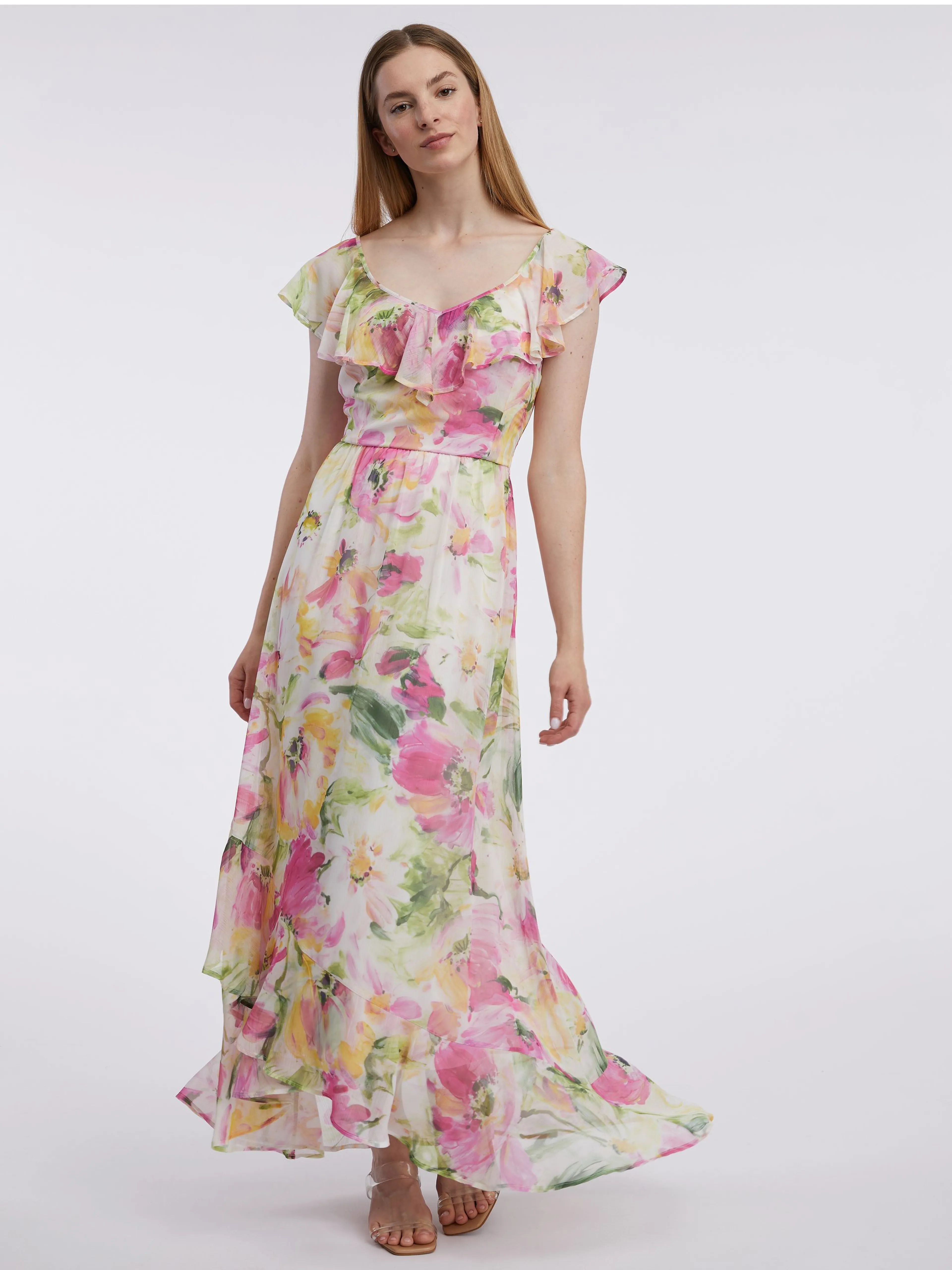 Rosa und weißes Damen-Maxikleid mit Blumenmuster ORSAY