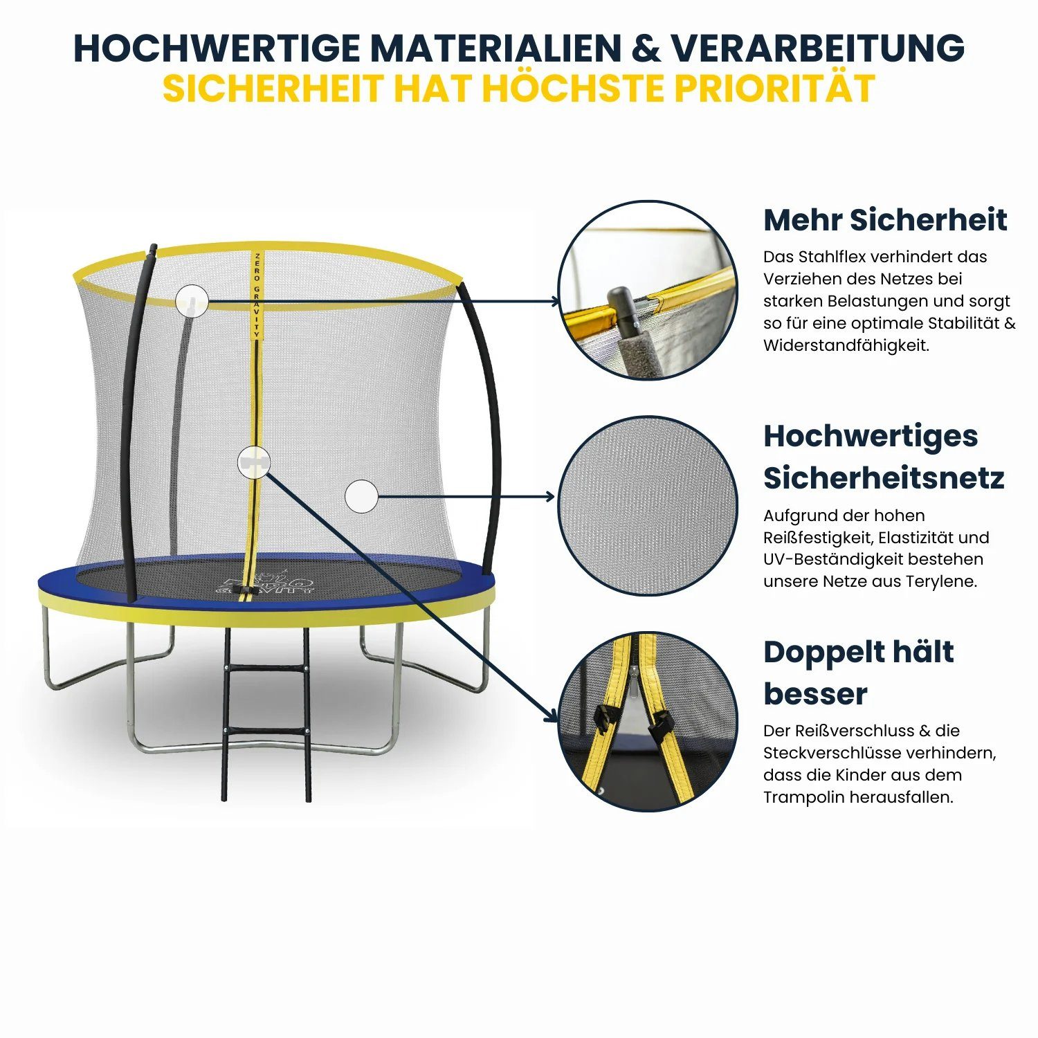 Zero Gravity Gartentrampolin Ø183/244/305/366/427 cm, Leiter & Sicherheitsnetz, TÜV cert, Trampolin, Ø 244 cm, Quick-Fold Sicherheitsnetz, keine Schweißnähte, Outdoor