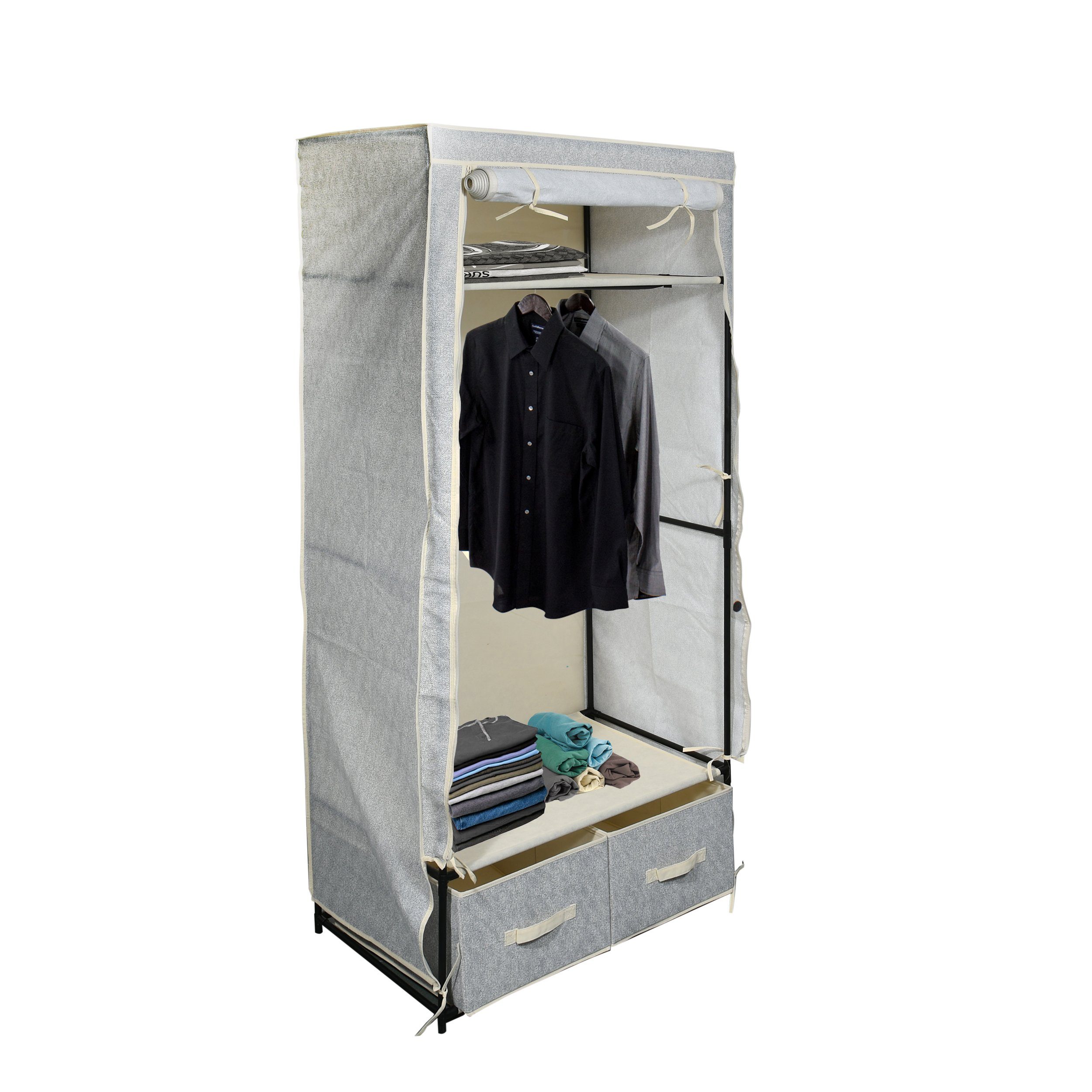 MSV Stoffschrank Stoffkleiderschrank Textil Faltschrank, mit Schubladen, atmungsaktiver Vliesstoff, grau, 75 x 45 x 160 cm