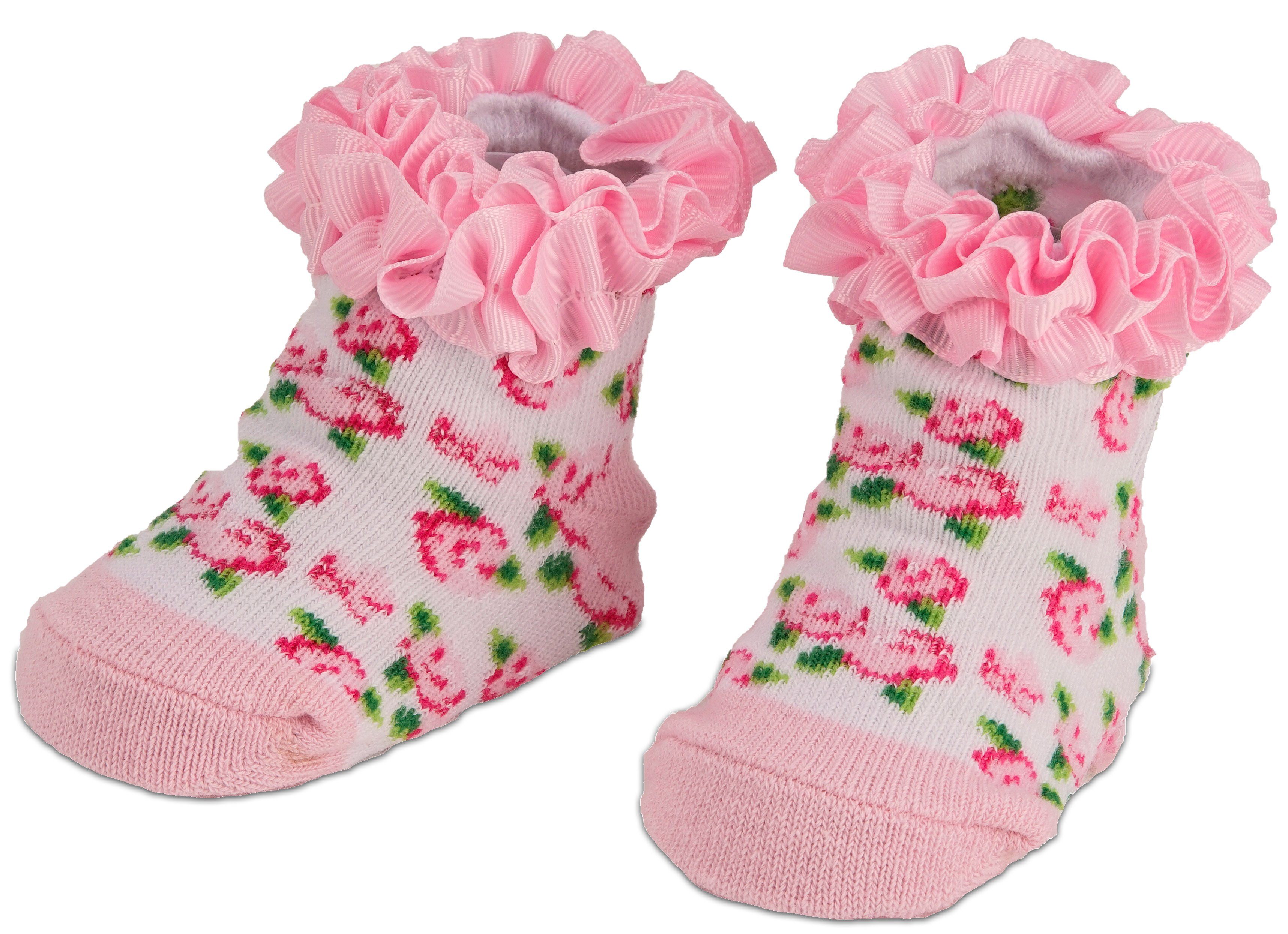 BRUBAKER Socken Babysocken für Mädchen 0-12 Monate (3-Paar, Baumwollsocken mit Blumenmotiven und Rüschen) Baby Geschenkset für Neugeborene in Geschenkverpackung mit Schleife