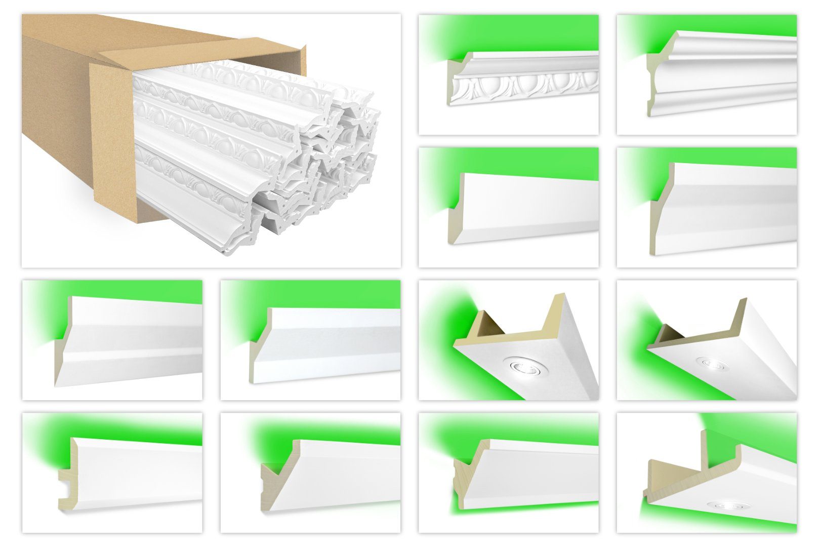 Hexim Eckprofil LED-19 (LED Stuckleisten - Indirekte Beleuchtung, Deckenleisten aus PU, leicht & lichtundurchlässig - 1 Stück / 20 cm)