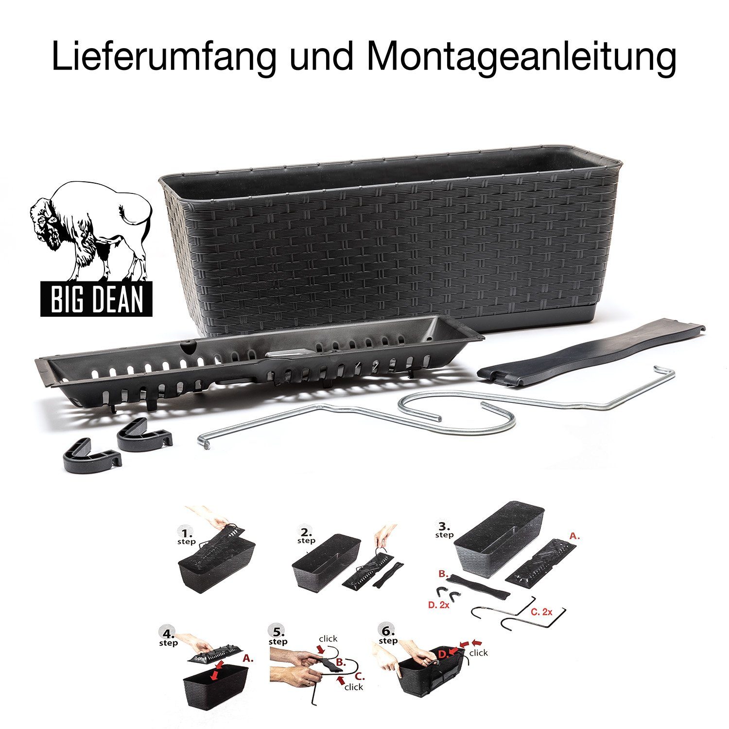 BigDean Blumenkasten 2x Bewässerungssystem + Halterung Rattan-Optik Anthrazit 39x15,5x14cm (2 St)
