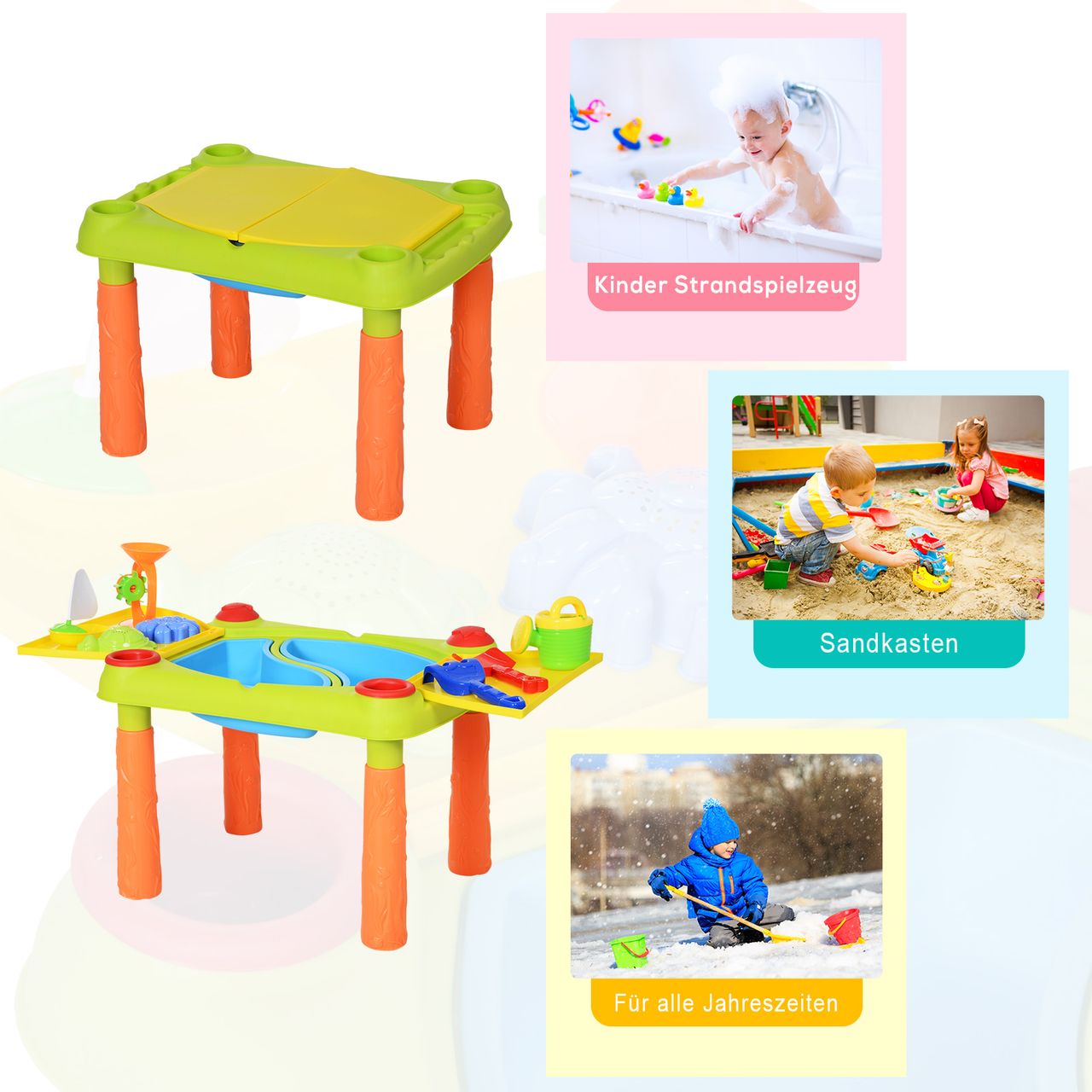 HOMCOM Kinder Sandspielzeug, Sandkastentisch mit 16-tlg. Zubehör, Spieltisch, Strandspielzeug, ab 3 Jahren, PP, 99,5 x 49 x 48 cm